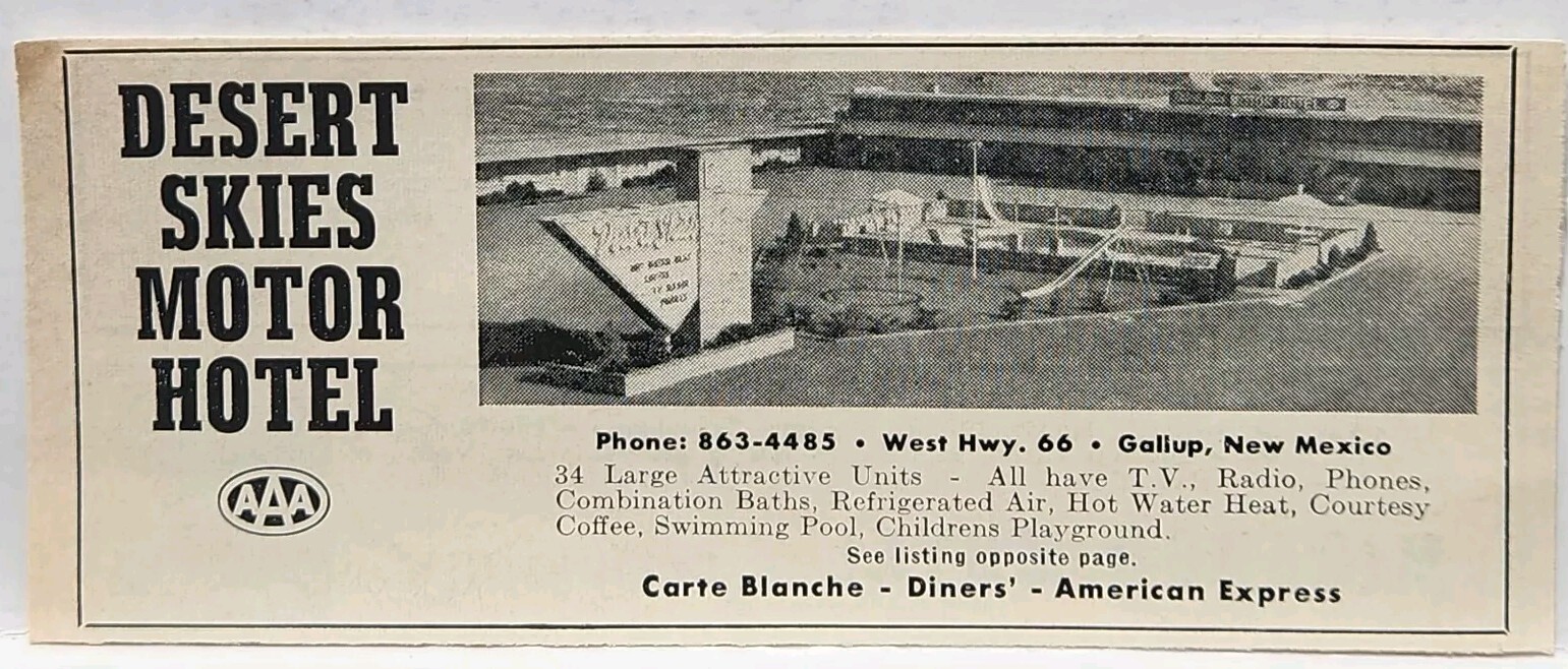 1964 Desert Skies Motor Hotel Gallup New Mexico US 66 Original Print Ad 1960s