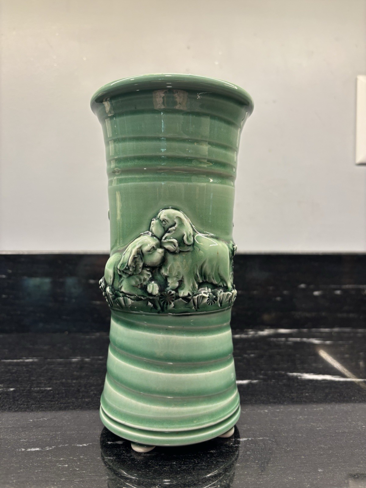 OOAK Green Cavalier King Charles Spaniel CKCS Ceramic Vase By Cindy Koehring