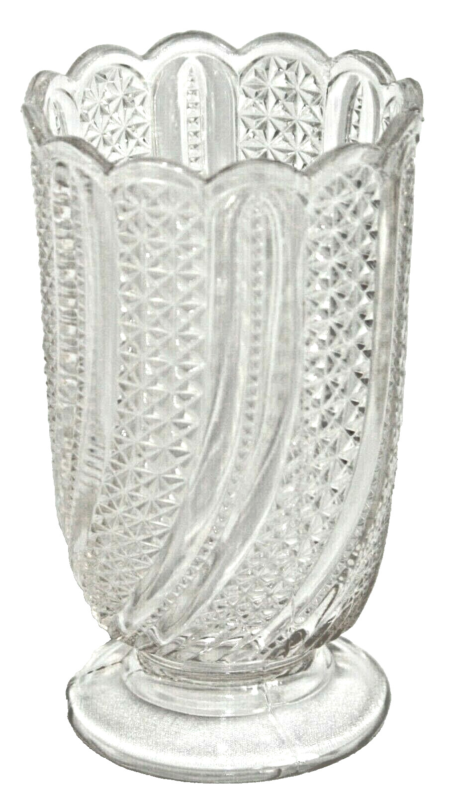 Clear Pressed Glass Vase Scallop Top Starburst Diamond Design Footed Pedestal 