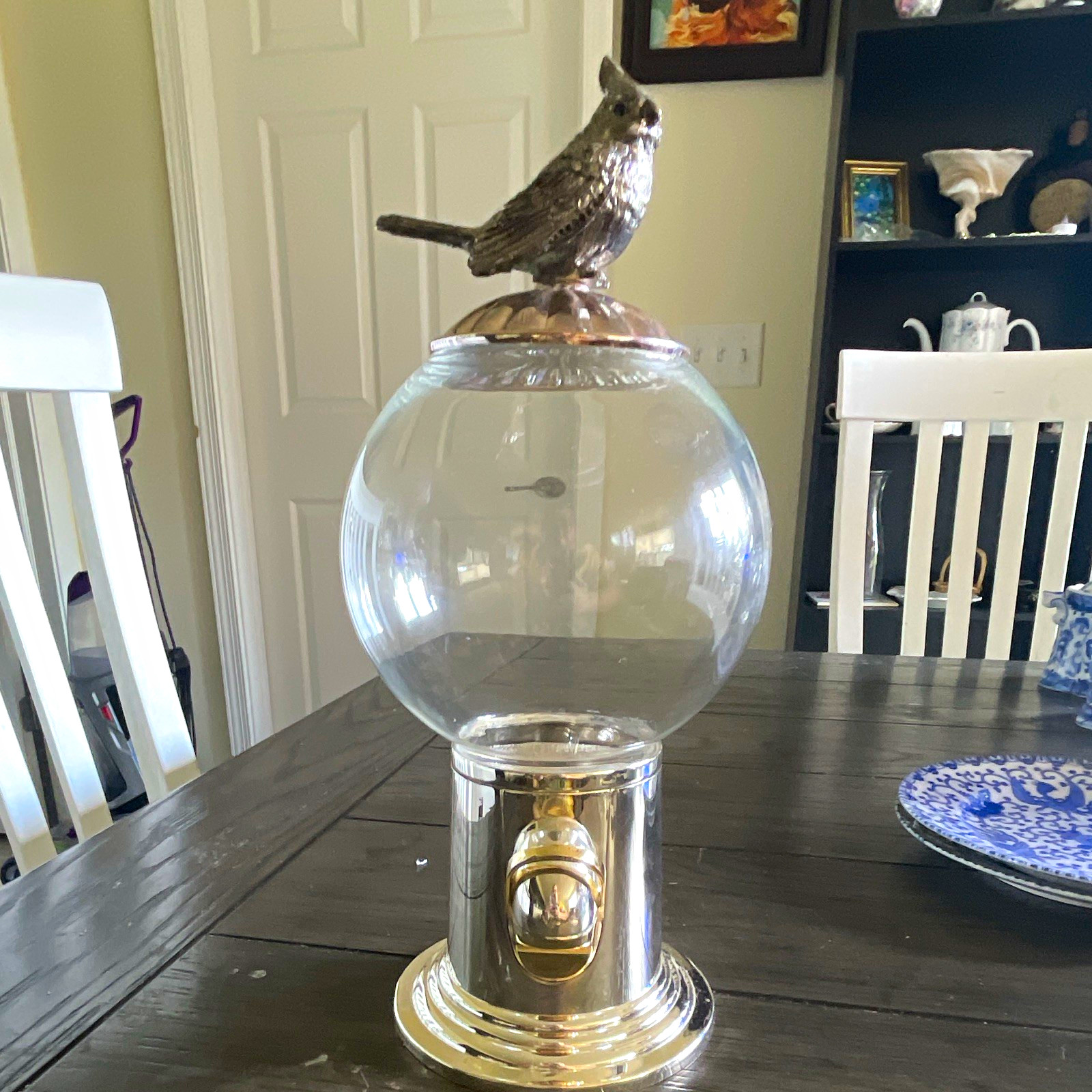 Vintage Godinger Silver Art Co. Bird Gumball Candy Dispenser Glass & Silverplate