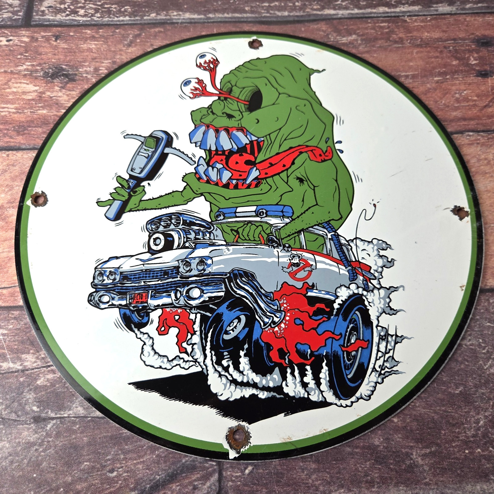 Vintage Rat Fink Porcelain Sign - Gas Pump Ghost Busters Slime Sign