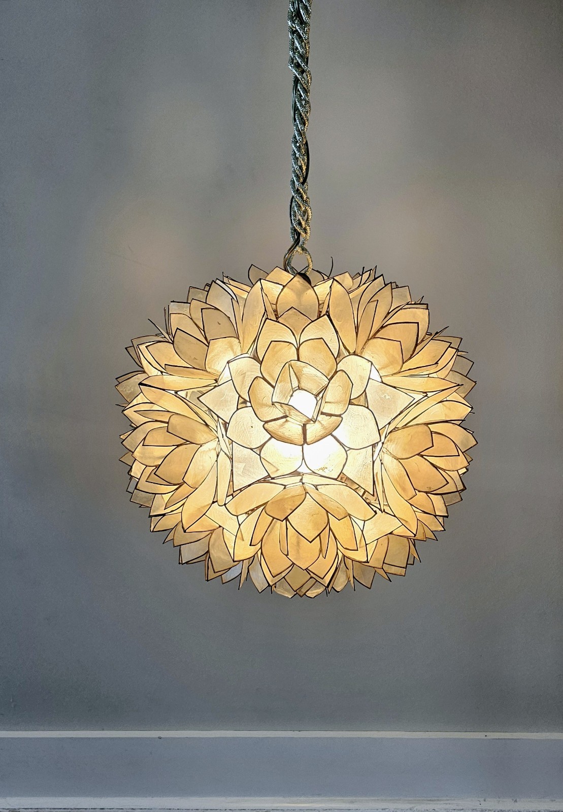 Vintage Capiz Shell Lotus Flower Ball Chandelier Pendant Light Triboro USA