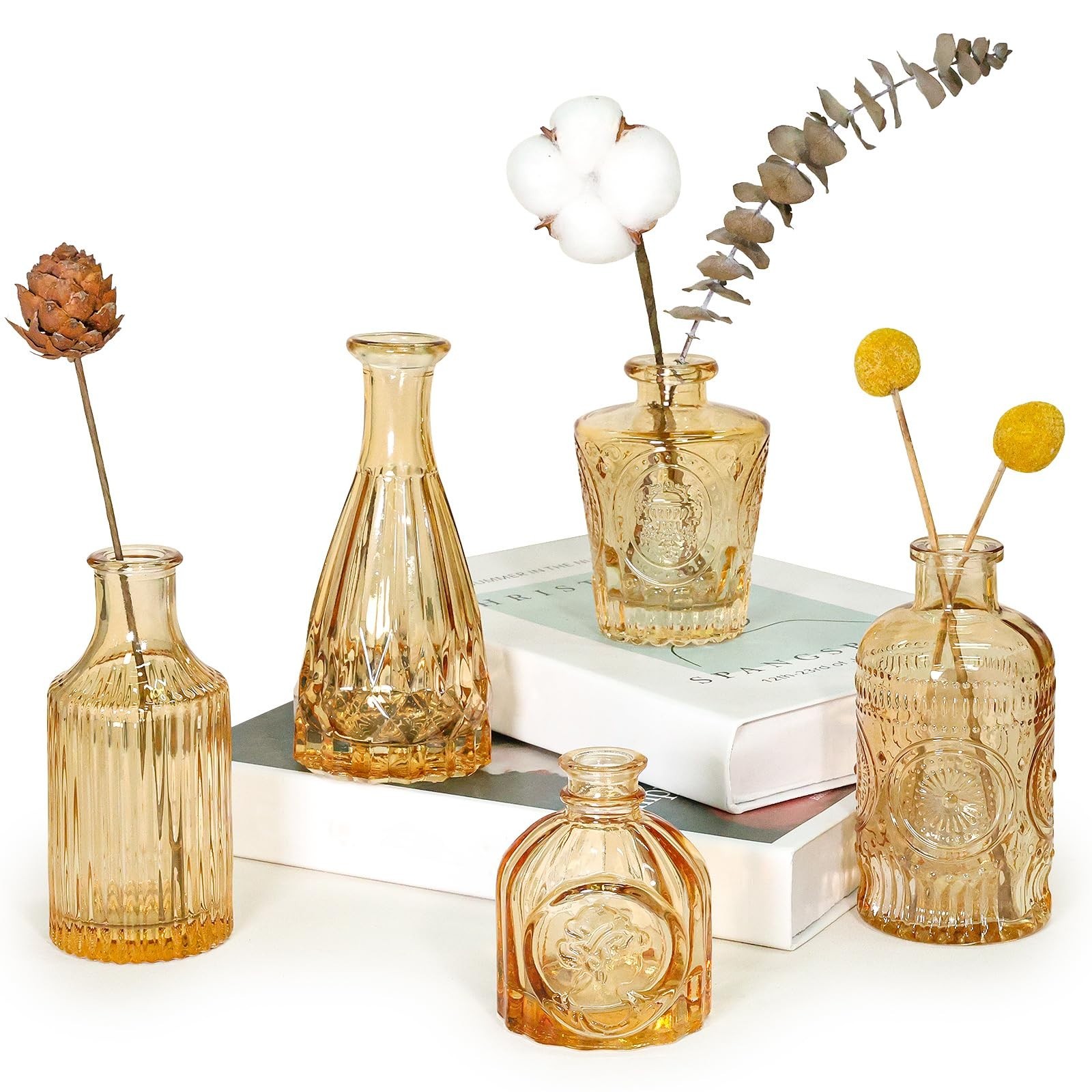 Set of 5 Gold Amber Glass Bud Vases, Small Wedding Table Centerpieces