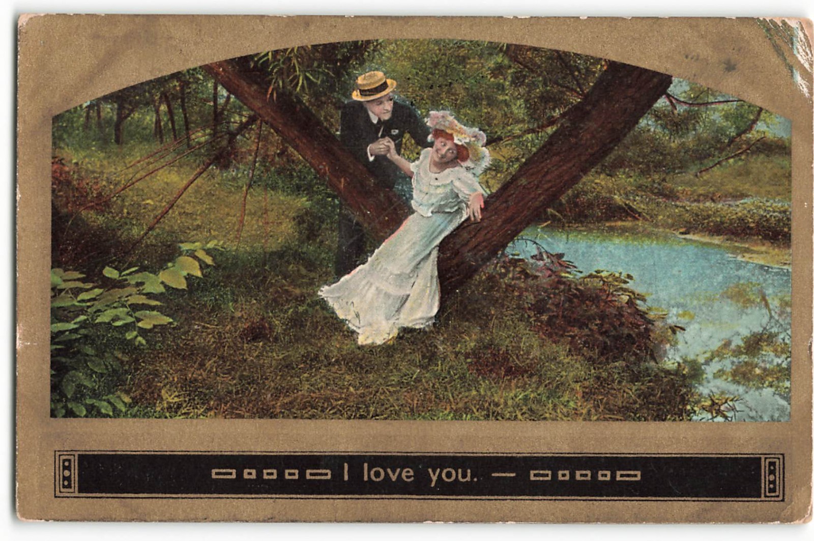 1909 I love you romantic couple between a tree nature scene VTG Postcard ME8.