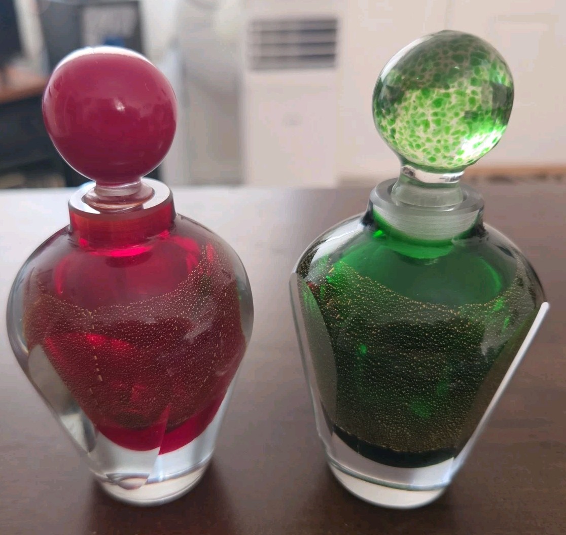 Vintage 1950s Double Blown Weighted Glass Perfume Bottles &Stopper Made In Italy