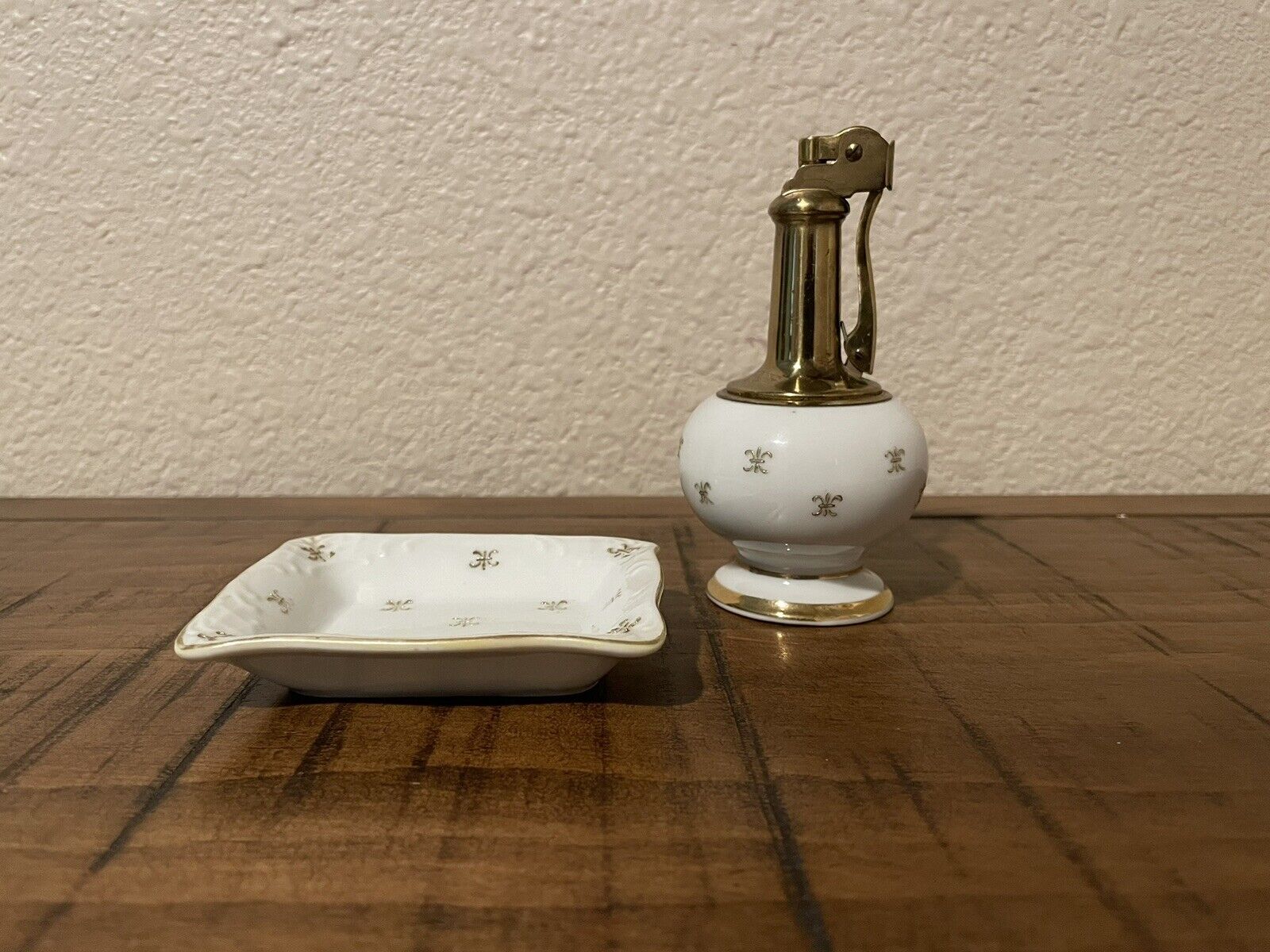 Vintage Bone China & Brass Table Lighter and Ashtray Set 1960’s Japan