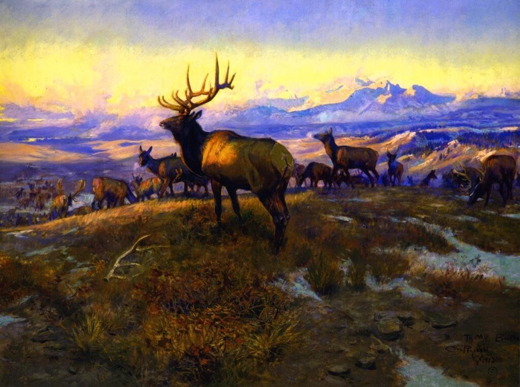 The Exalted Ruler  Print – Charles M. Russell – Western Landscape with Elk 1912