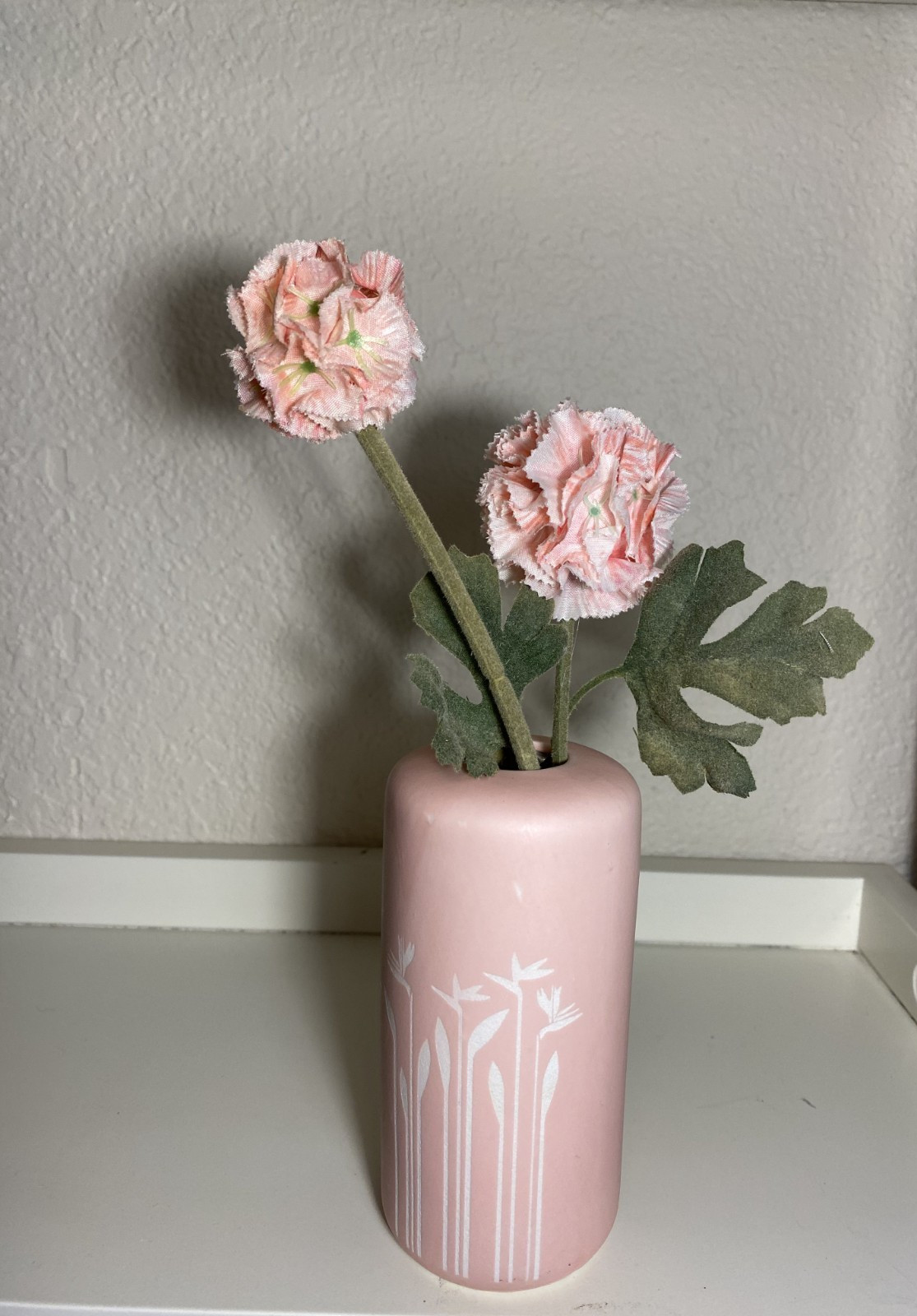 Etched Pink Ceramic Bud Vase With Floral Design and 2 Faux Carnations