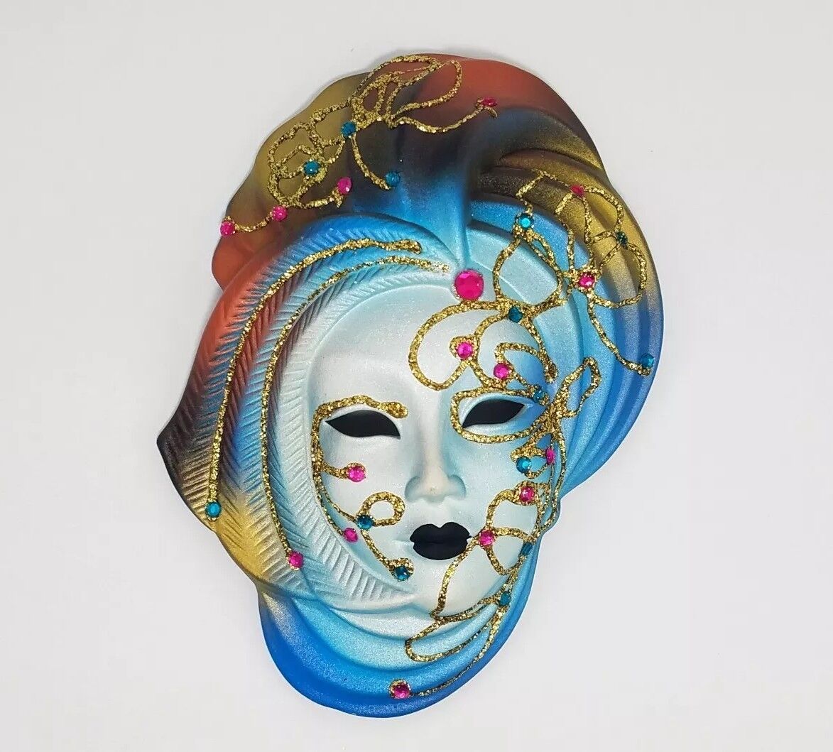 Vintage Ceramic Wall Mask Italy Gems Venetian Sun Goddess Colorful Bold Glitter
