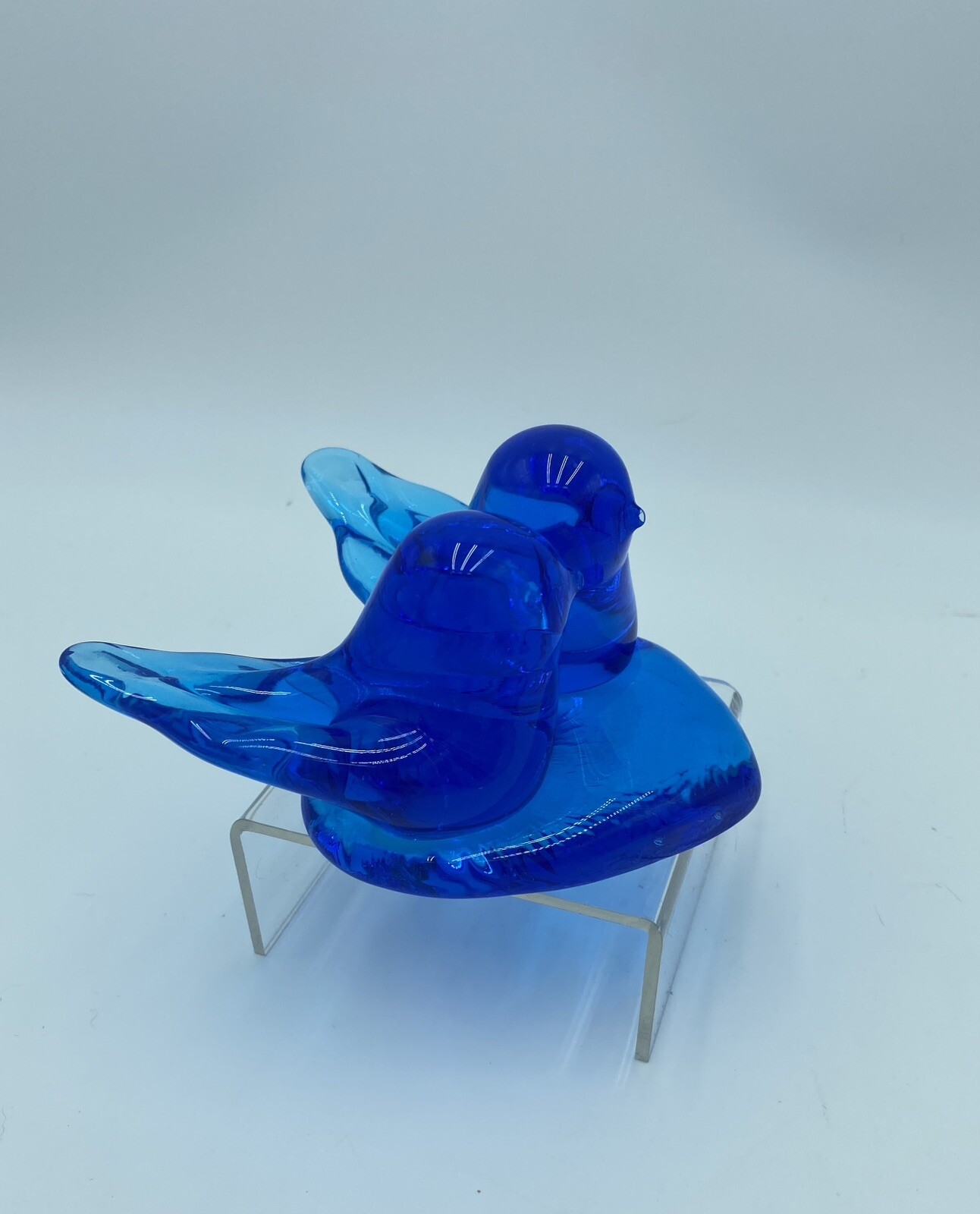 Vintage Glass Double Blue Bird of Happiness Figurine Signed Leo Ward 1996