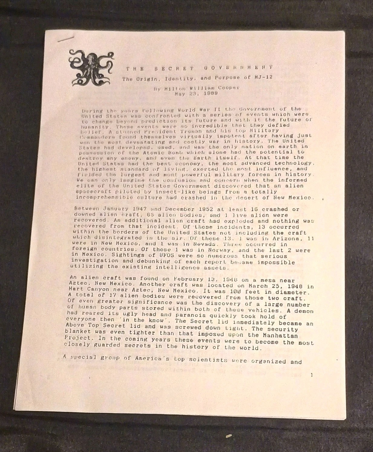 Milton William Cooper The Secret Government MJ-12 1989 Original UFO Document