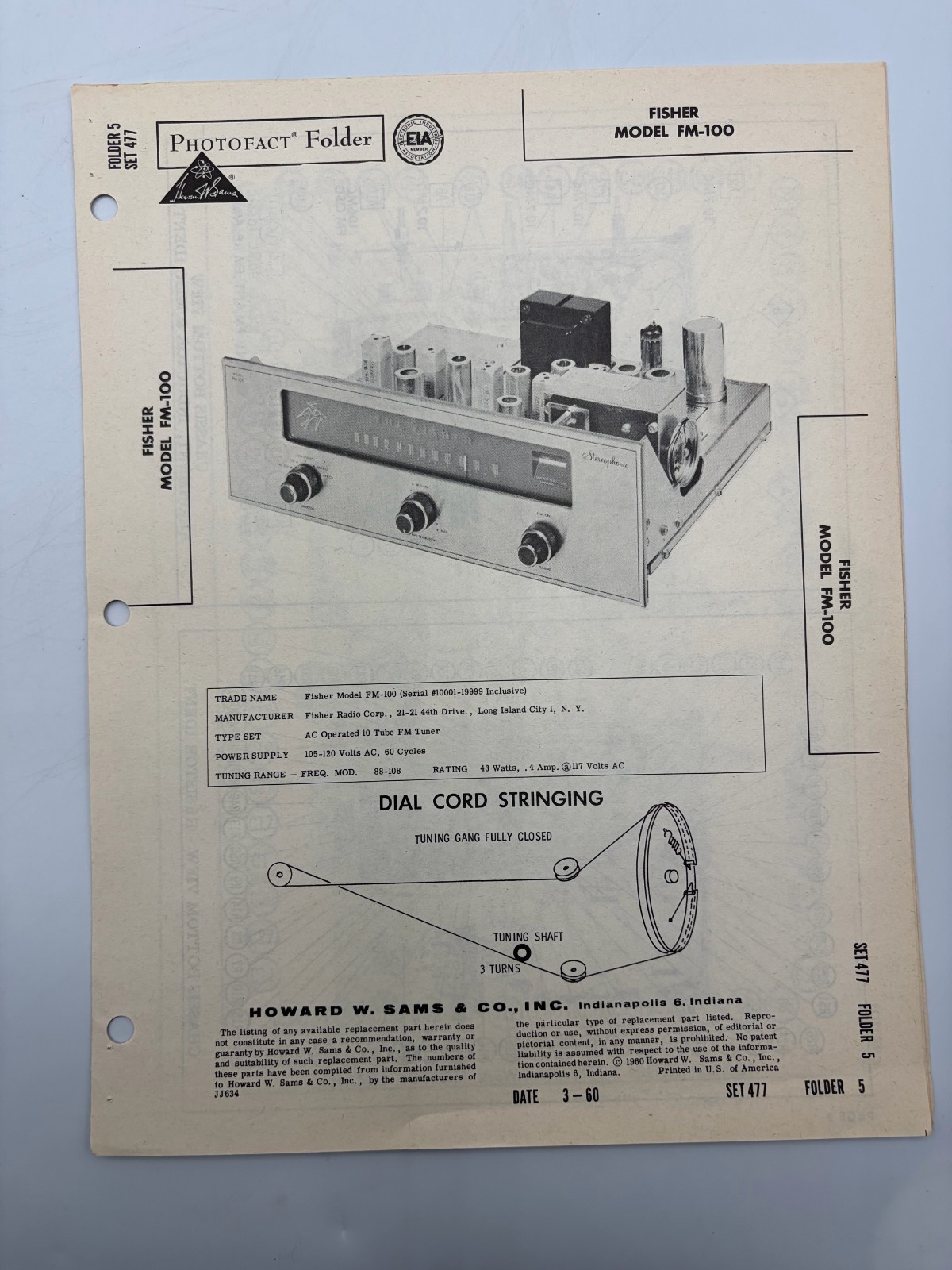 Original Sams Photofact Manual FISHER FM-100 FM Tube Tuner W Schematic 1960