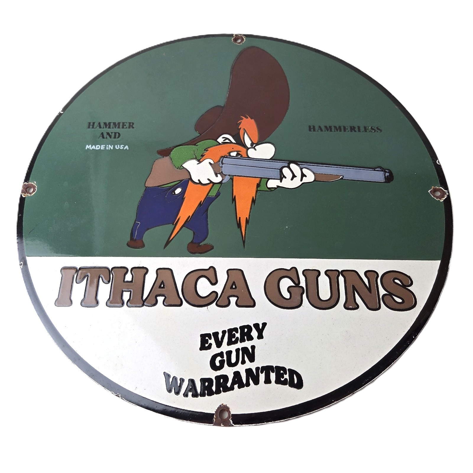 Vintage Ithaca Guns Sign - Yosemite Sam Firearm Advertisement Porcelain Gas Sign