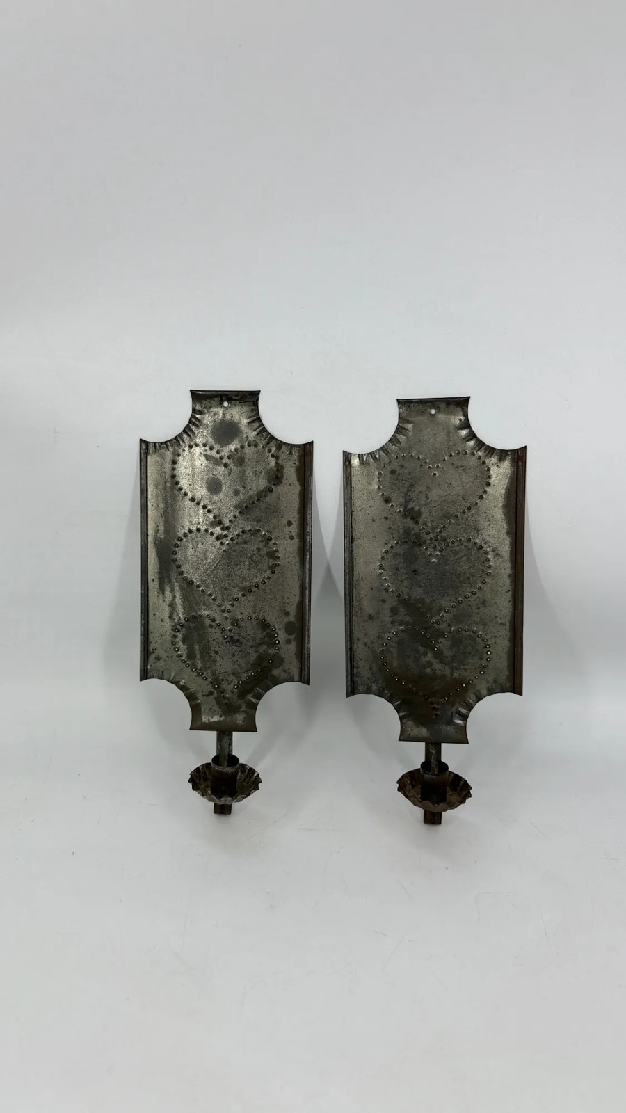 Vintage Punched Tin Wall Sconces Pair Primitive Heart Farmhouse Candle Holders