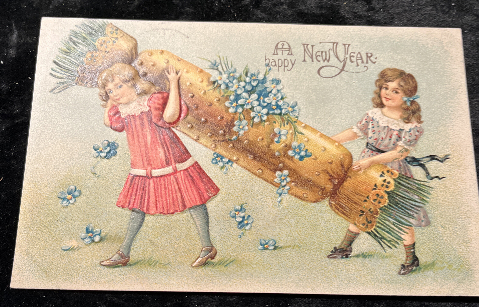 Embossed c1908 Two Little Girls Firecracker Greeting Card A Happy New Year