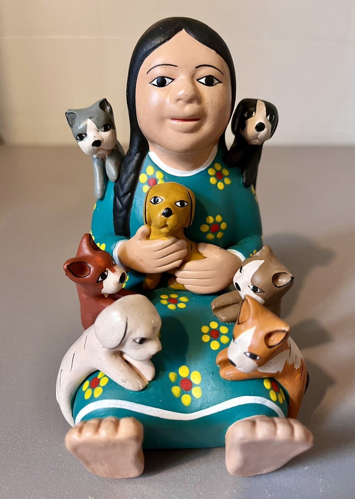Peruvian Folk Art Hand Painted Clay Storyteller Doll  With Cats & Dogs