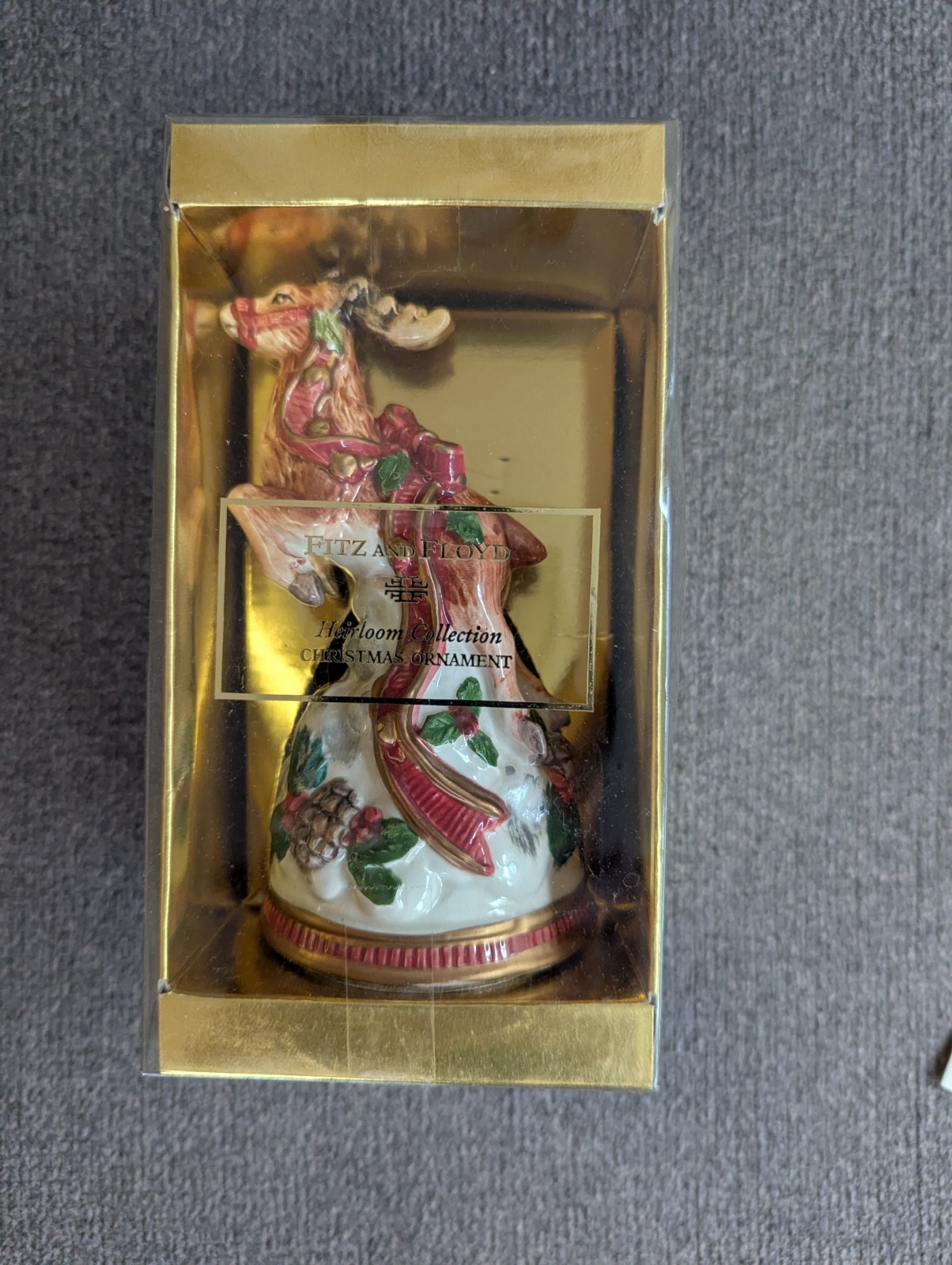 1993 Fitz and Floyd Heirloom Collection Reindeer Christmas Bell Ornament Box