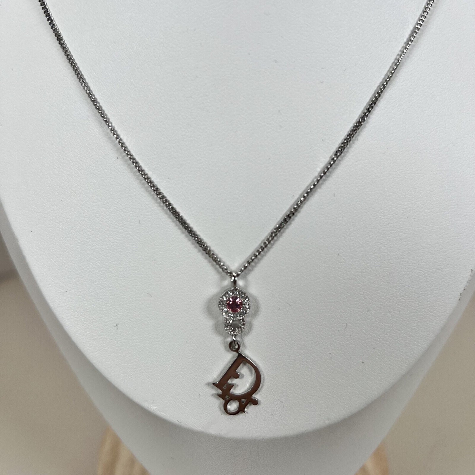 Christian Dior \'D\' Logo Necklace with Pink Stone & Crystal Accents