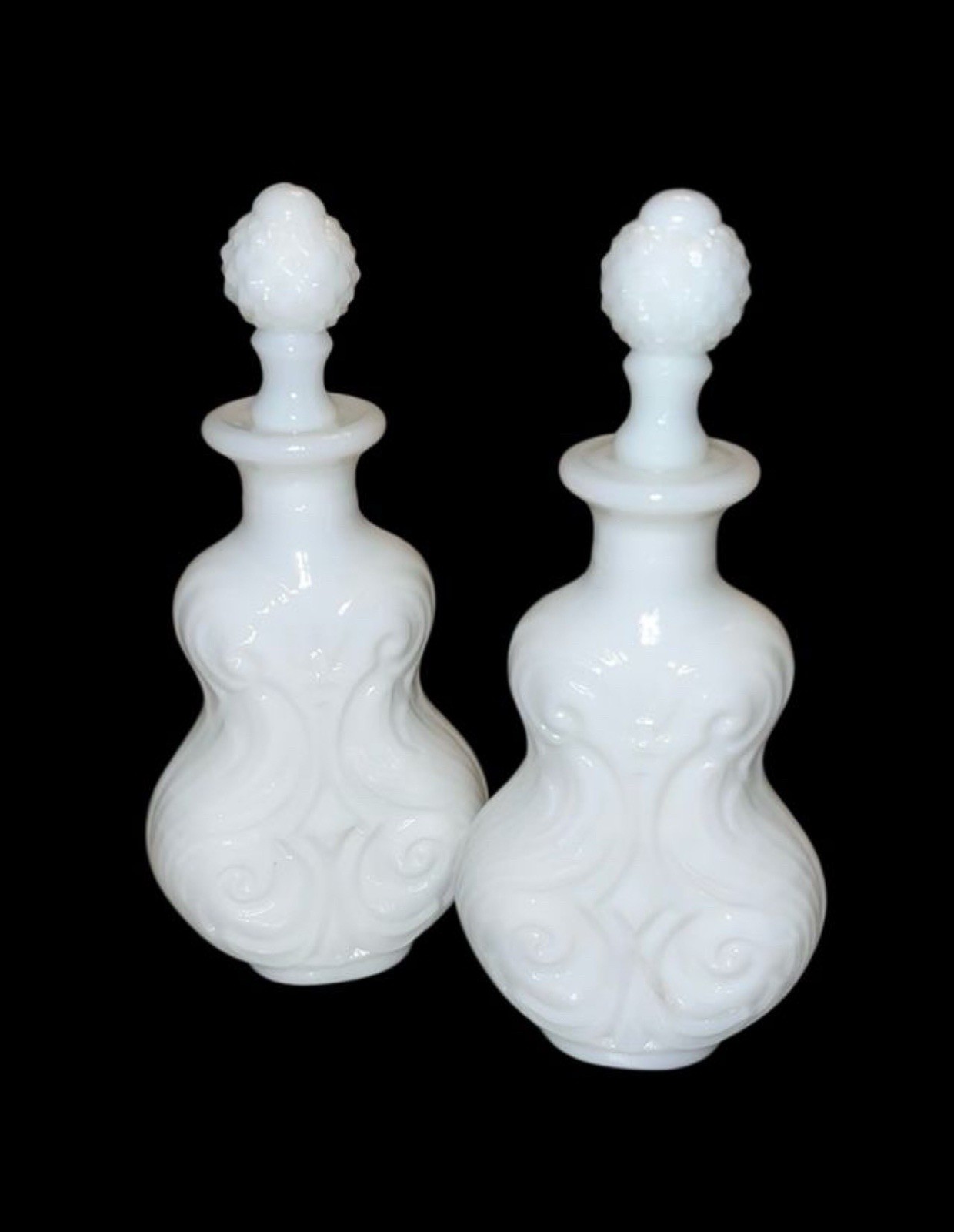 Antique Imperial Milk Glass Perfume Cologne Bottle Pair Lyre Shape UV Glow