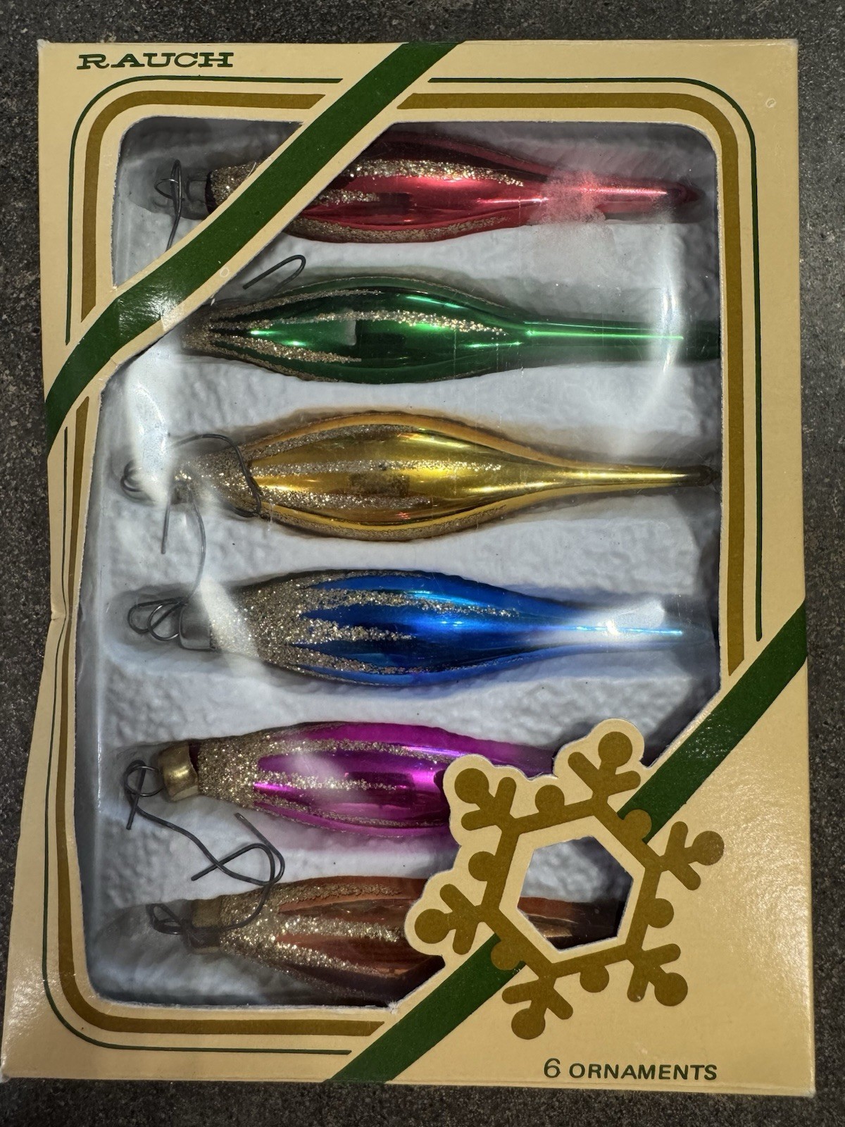 Vintage RAUCH Glass Icicle Christmas Ornaments Set of 6 w/ Box #8602 MCM Vintage RAUCH Glass Icicle Christmas Ornaments Set of 6 w/ Box #8602 MCM