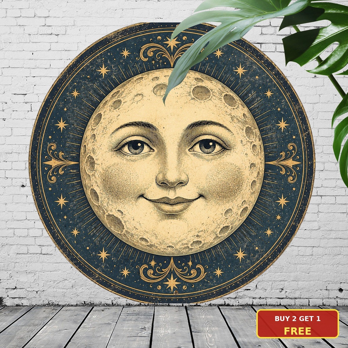 Antique Moon Face Sign Mystical Celestial Half Moon Round Metal Wall Plaque 8x8