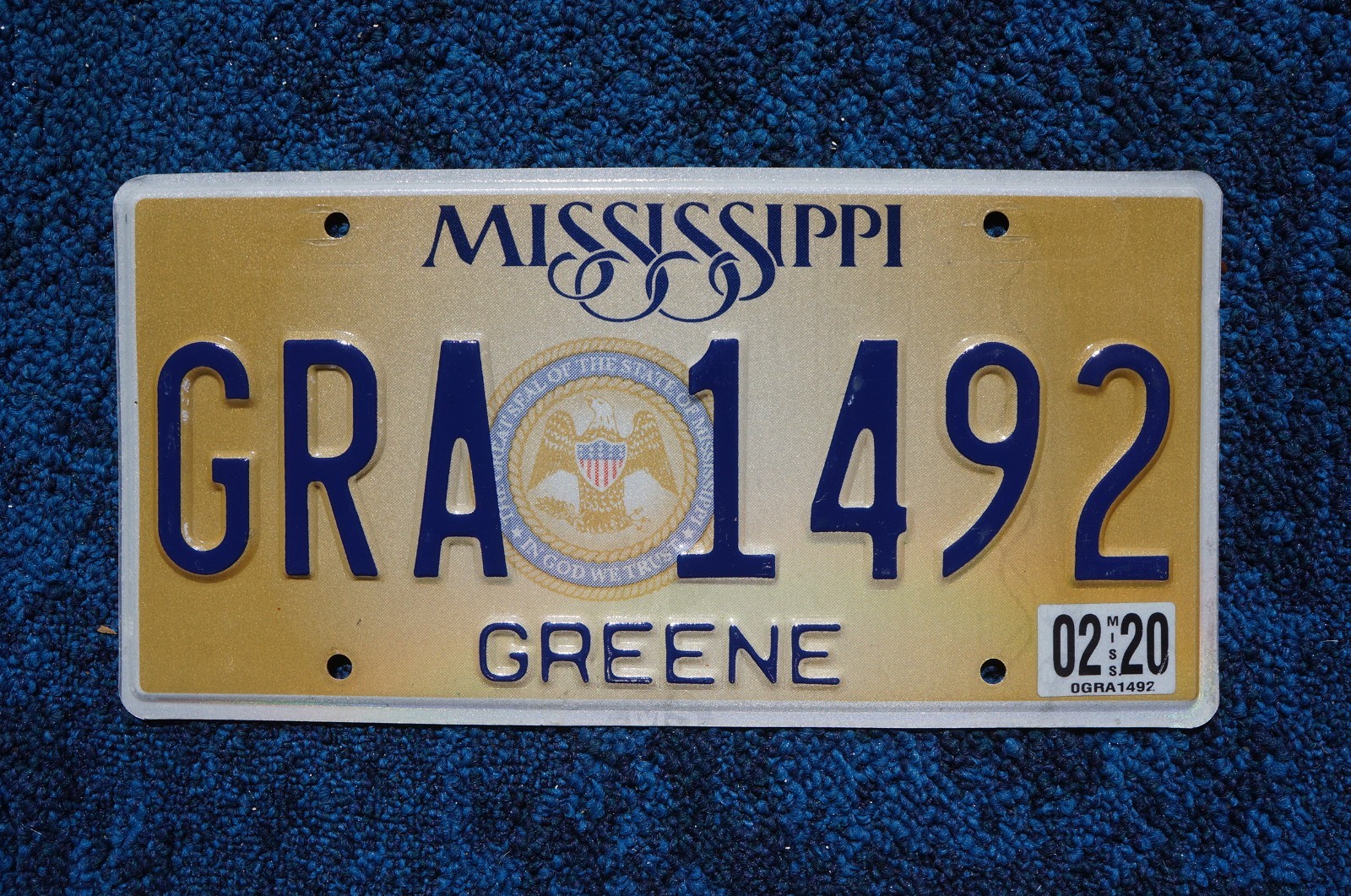 2020 MISSISSIPPI License Plate # GRA 1492