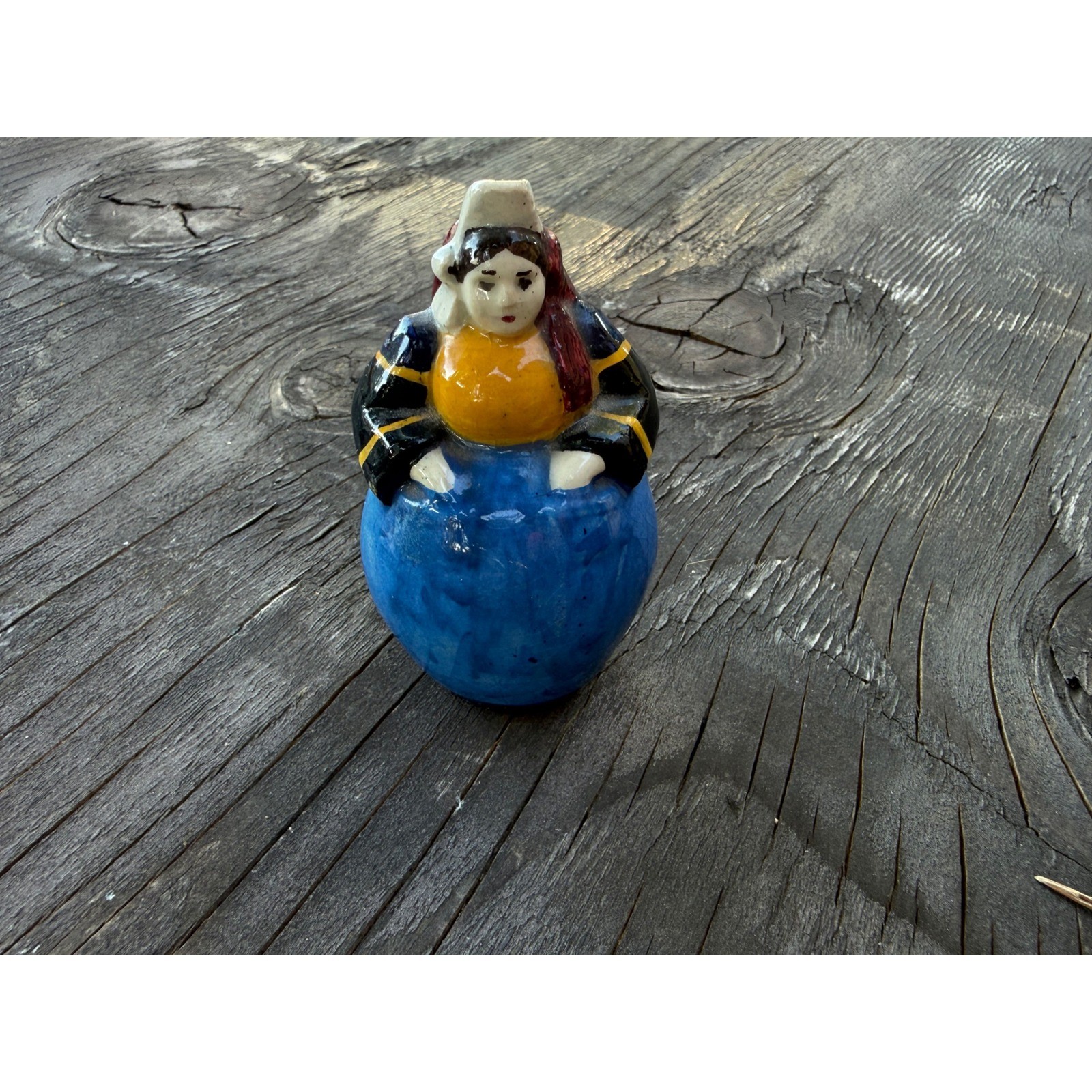 Rare Miniature French Faience Breton Lady Figural Pitcher – Quimper Style –