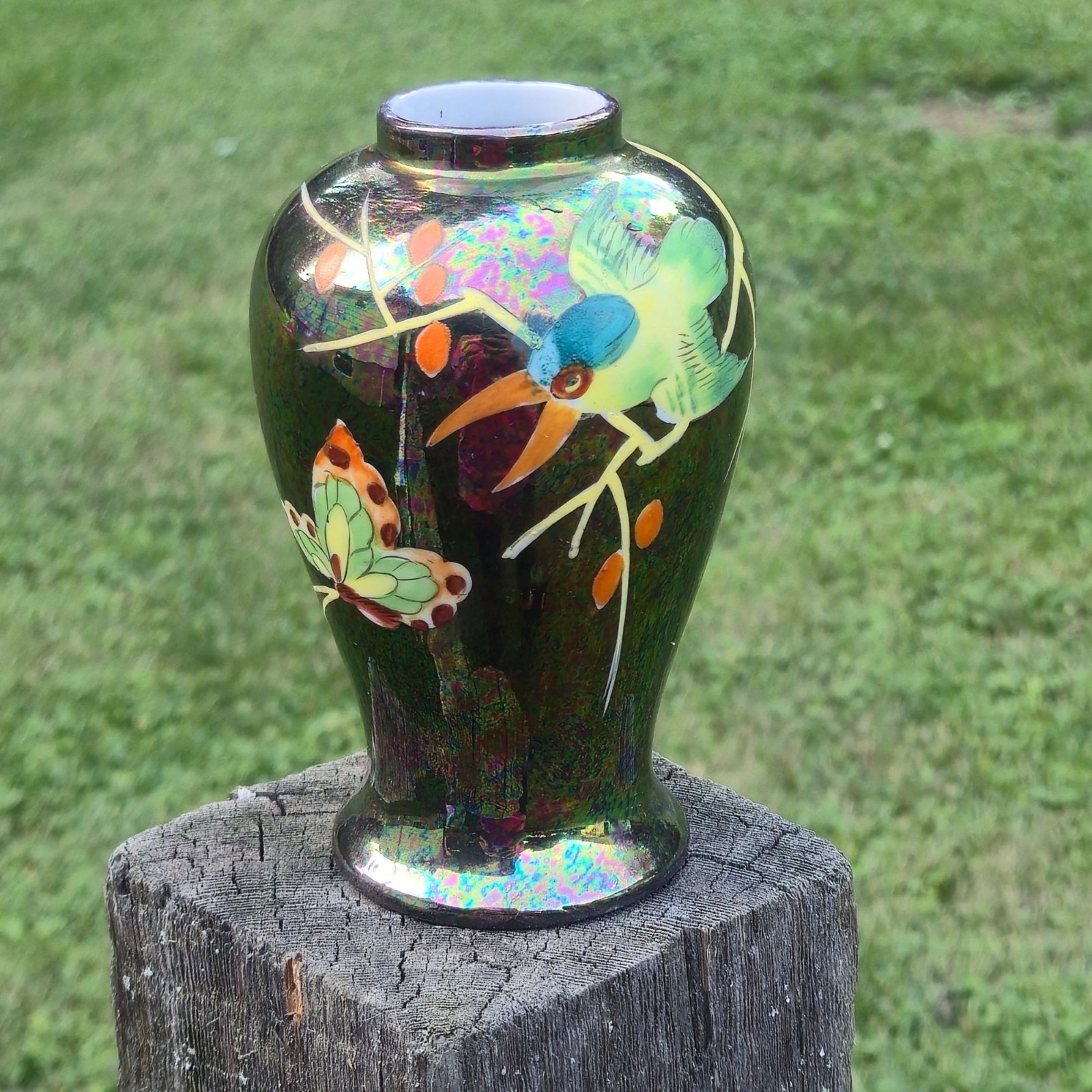 Vintage Lusterware Vase  Japan Hand Painted Bird Butterfly Iridescent Floral
