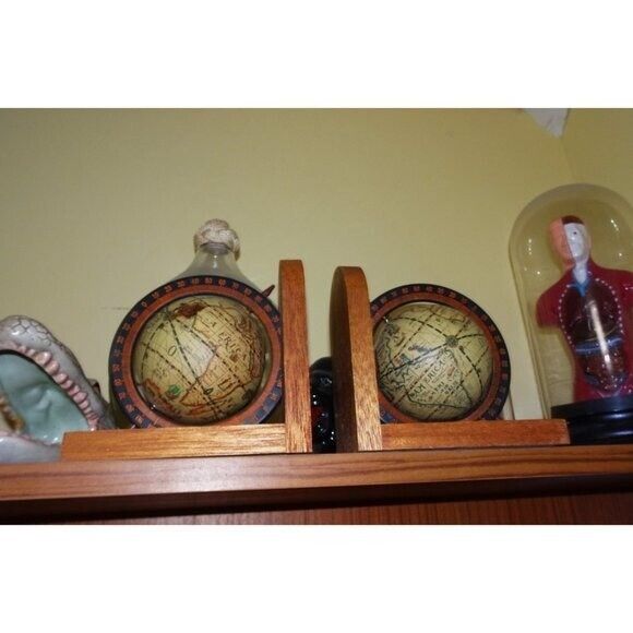 Vintage Spinning Globe Wooden Bookends geography antique retro mcm art deco