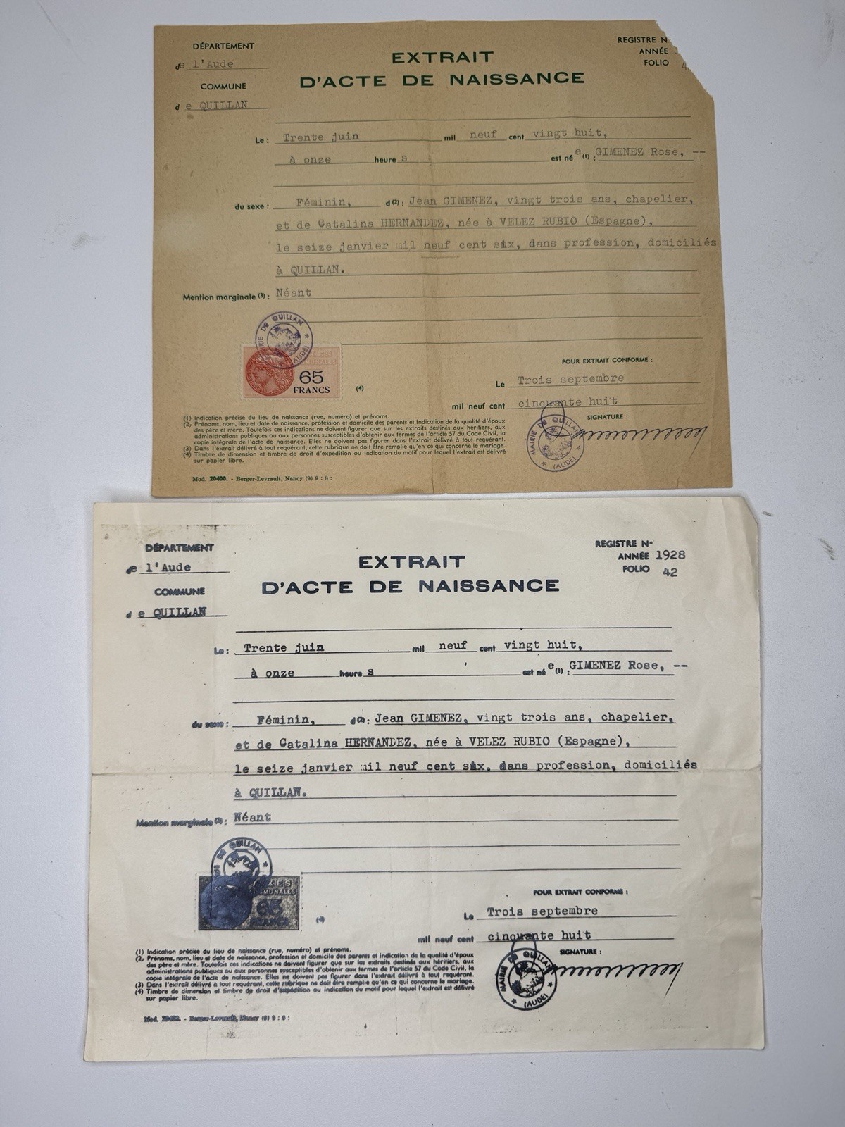 Vintage 1958 French Birth Certificate Extract & Copy w/ Revenue Stamp