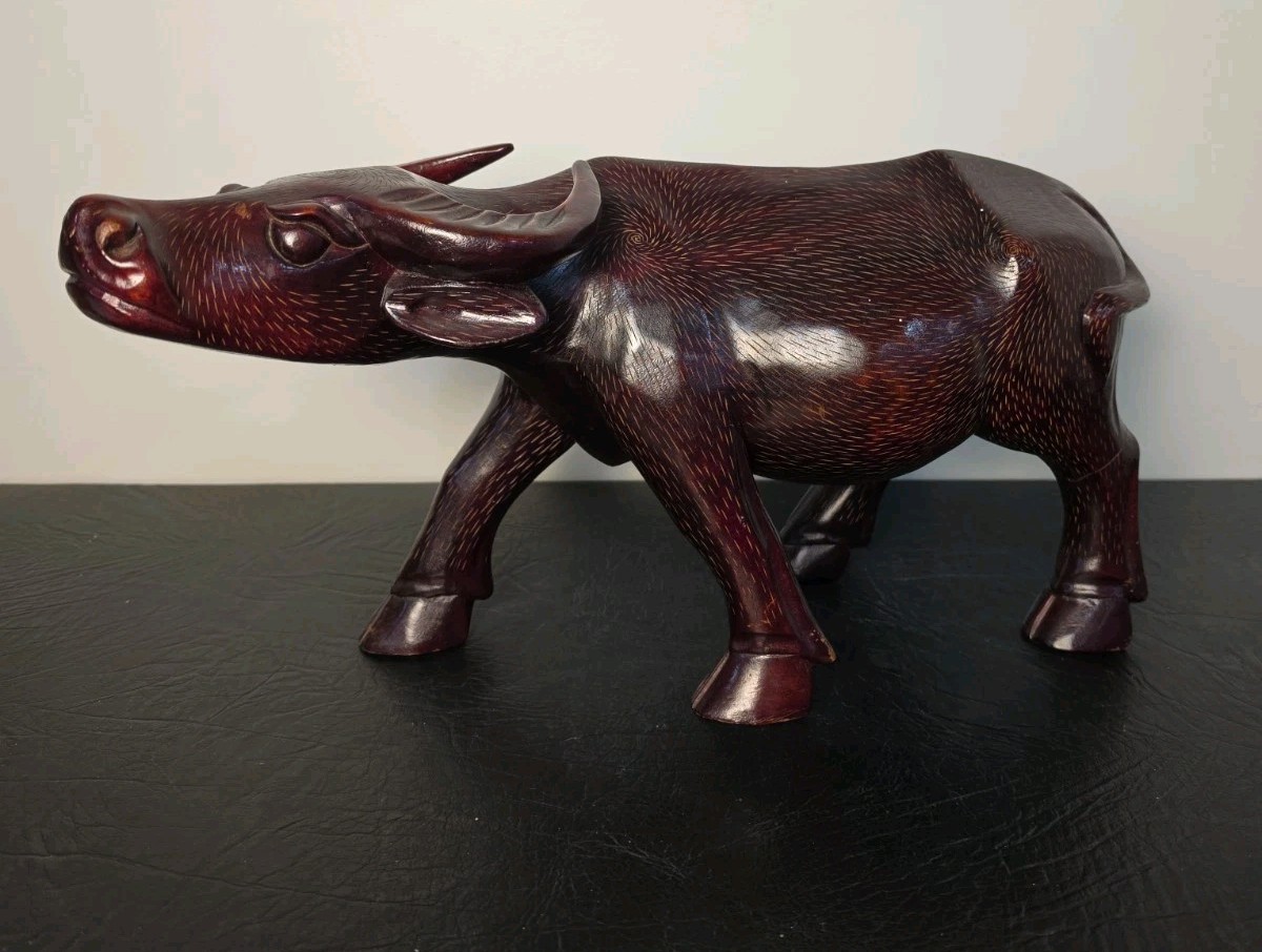 Vintage Hand Carved Wood Water Buffalo Figurine Mid Century Asian Art Sculpture