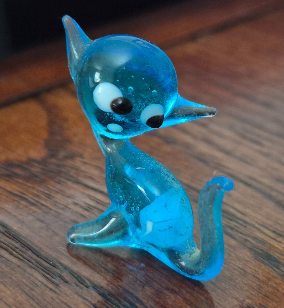 Vintage 1970's Hand Blown Miniature Glass Blue Cat 1” Figurine VGUC