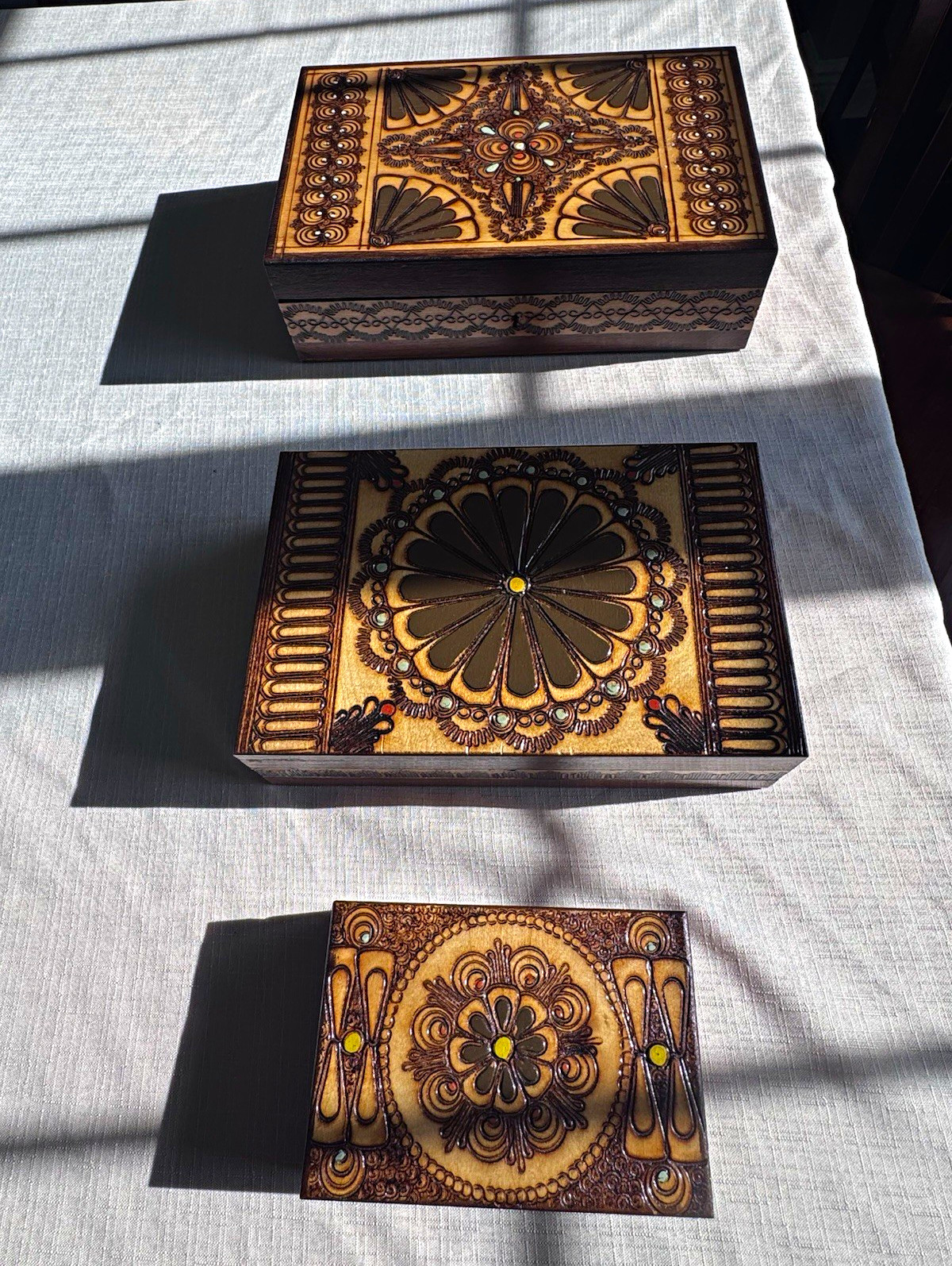 Vintage Hand Carved Wooden Trinket Keepsake Boxes Hinged Floral Lids. Folk Art.