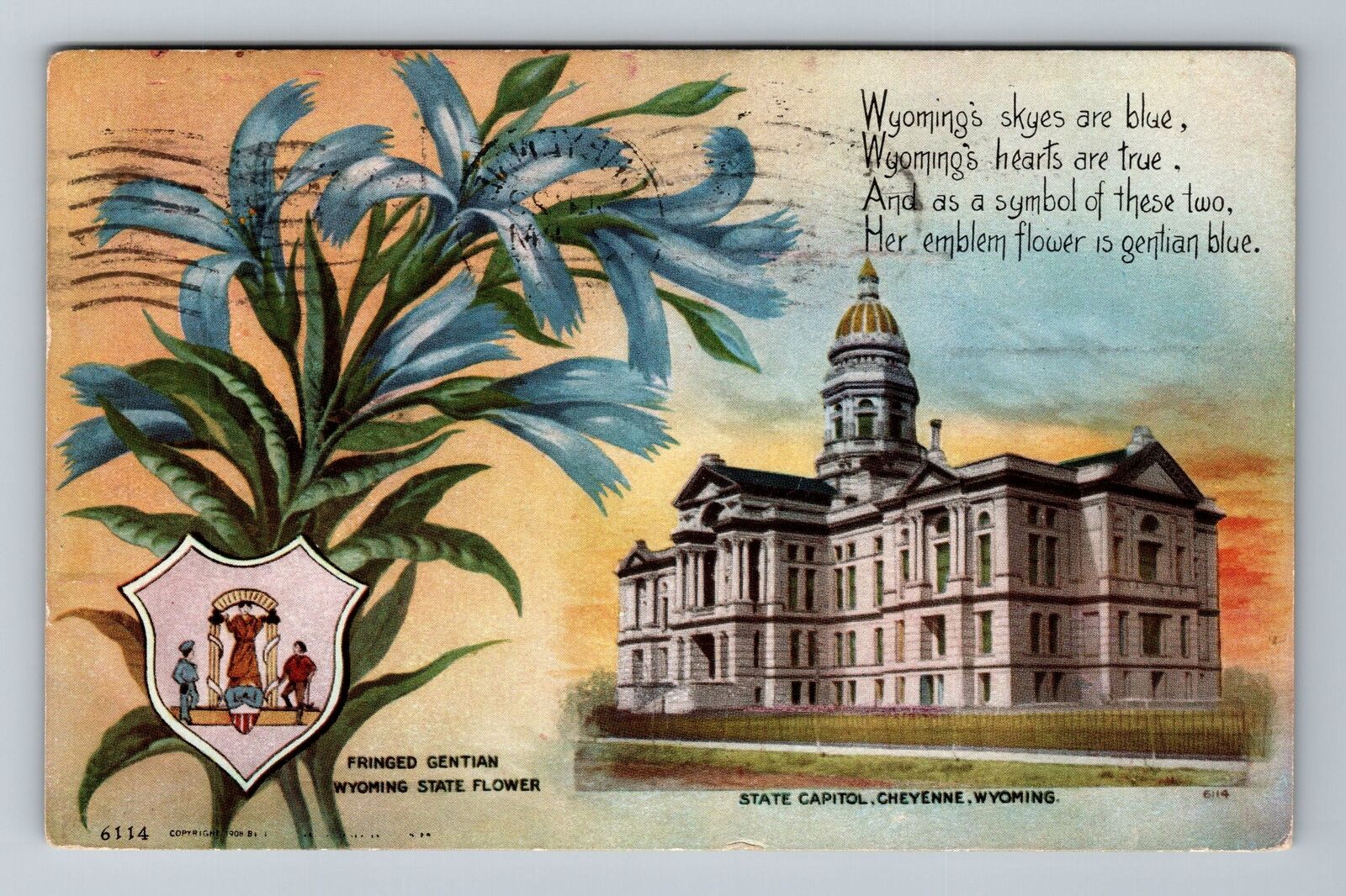 Cheyenne WY-Wyoming, State Capitol, State Flower, c1909 Vintage Postcard