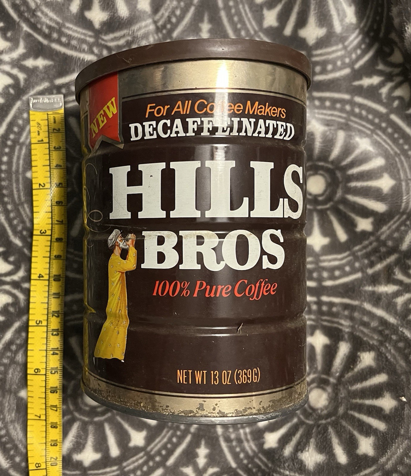 Vintage HILLS BROS COFFEE Automatic Drip DECAFFEINATED 13 oz Tin Can - With Lid