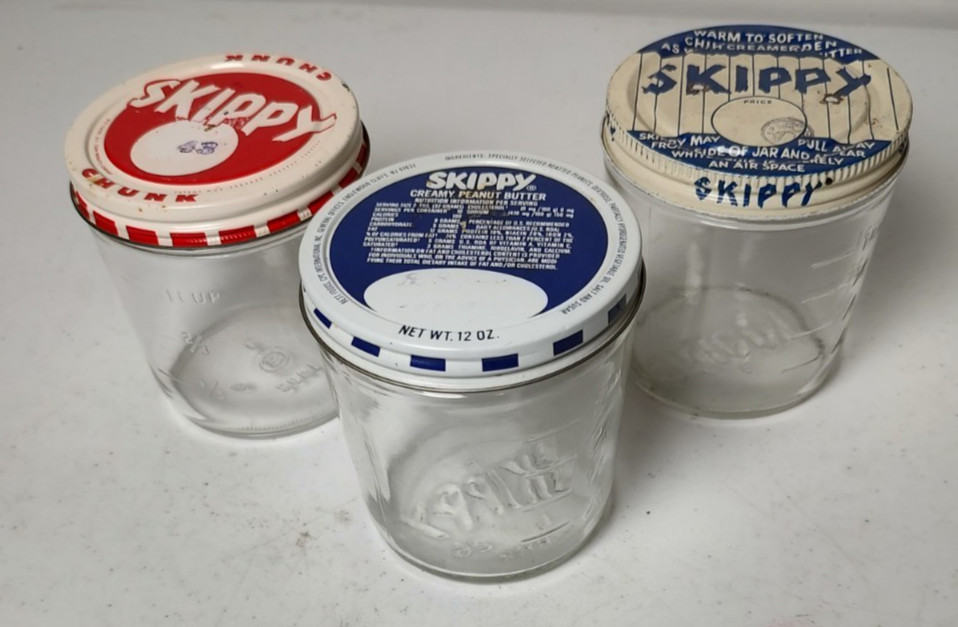 Lot of 3 Vintage Skippy Peanut Butter Glass Jars  with Lids  Collectables