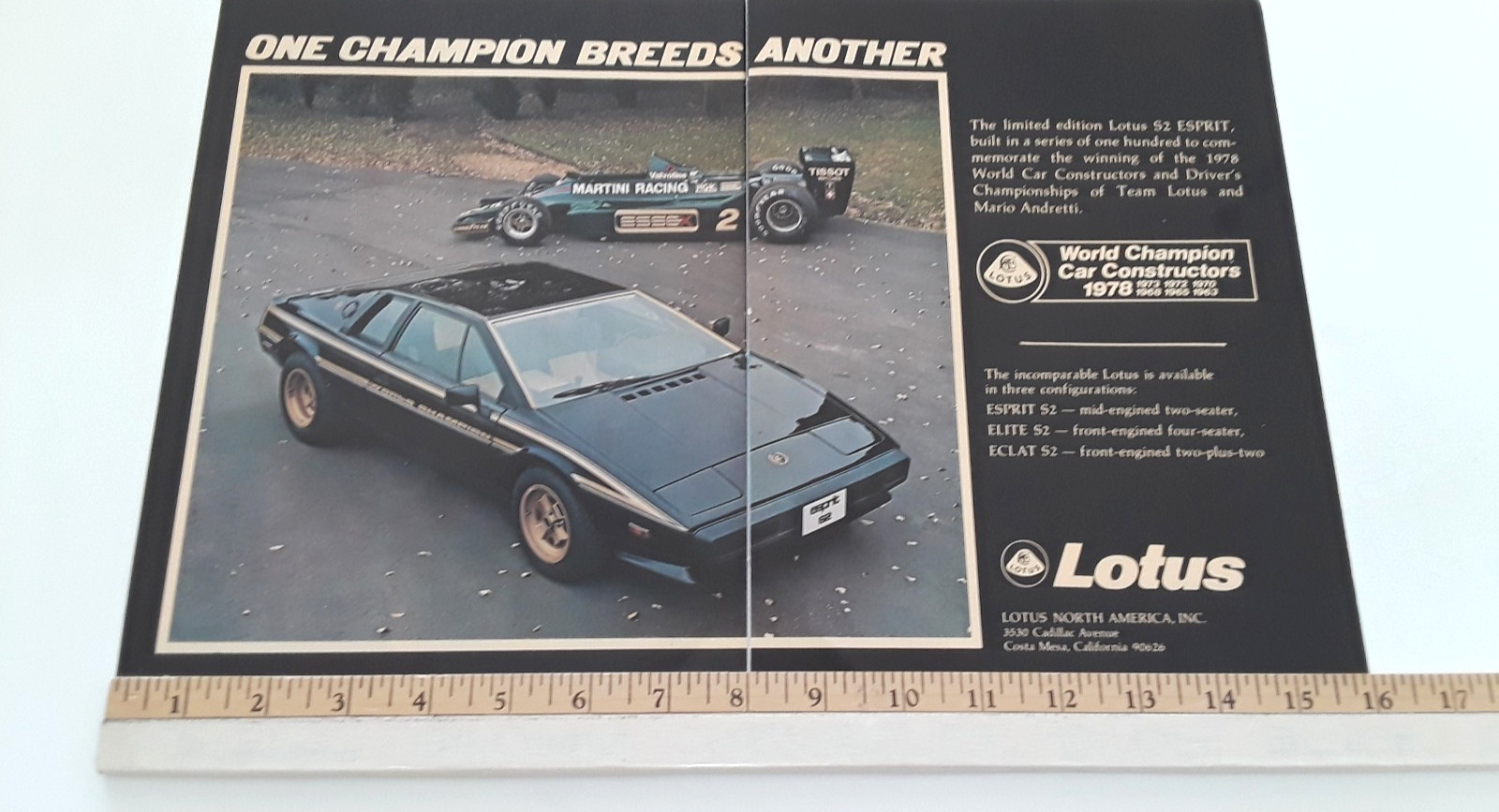 1978 LOTUS S2 ESPRIT - MARTINI RACING MARIO ANDRETTI   ORIGINAL 2 PAGE AD