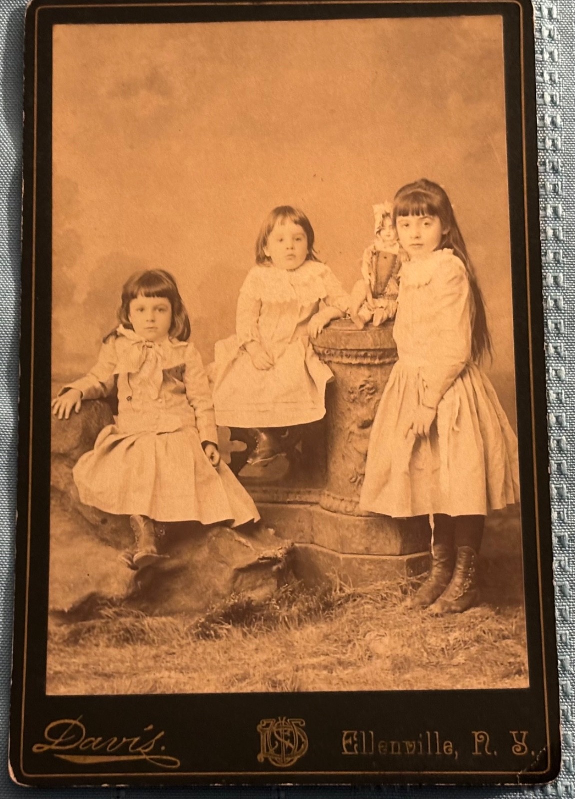 Antique Cabinet Card Identified Children w Doll ELLENVILLE NEW YORK c 1890