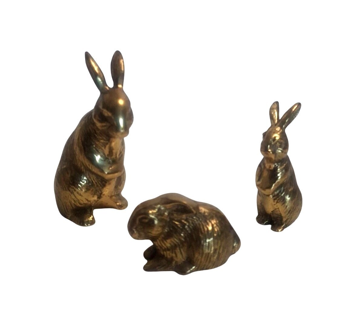 Vintage Brass Rabbit Figurines Family Set of 3 Bunny Sculptures Easter Decor