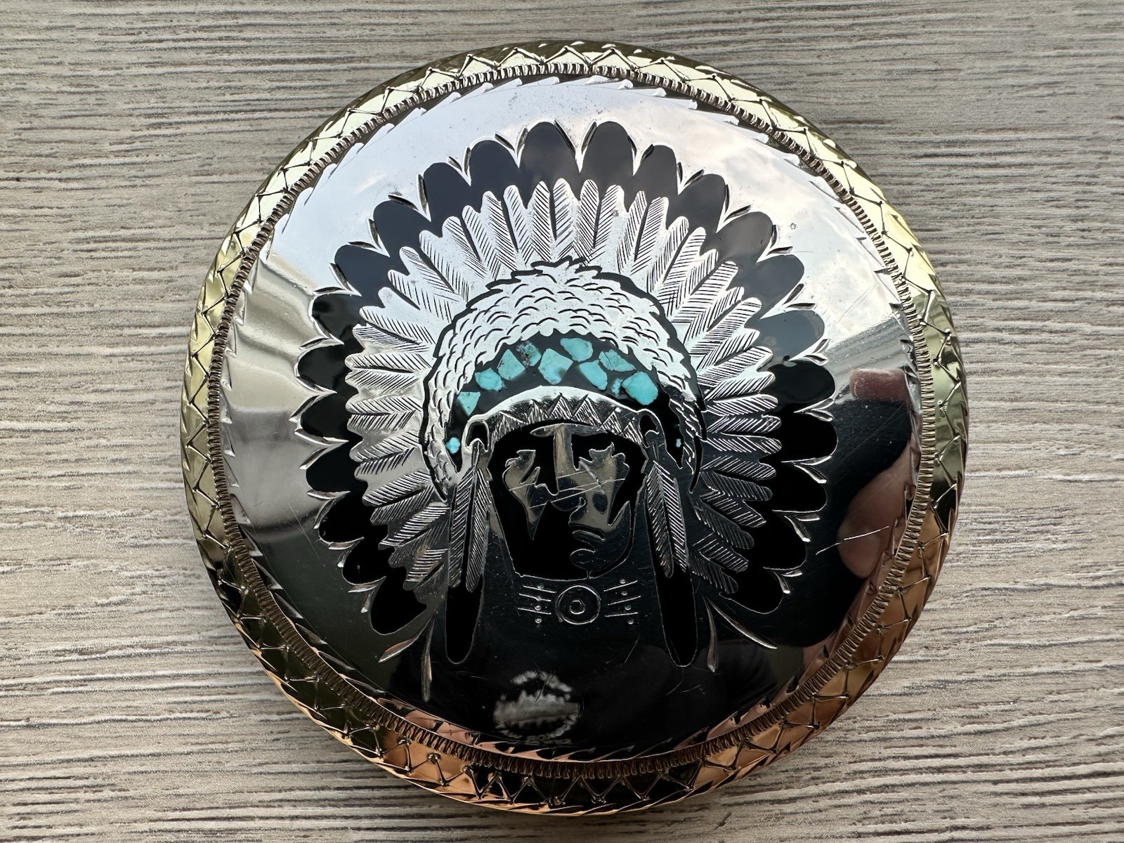 Vintage Turquoise Native American Chief G S Signed Buckle