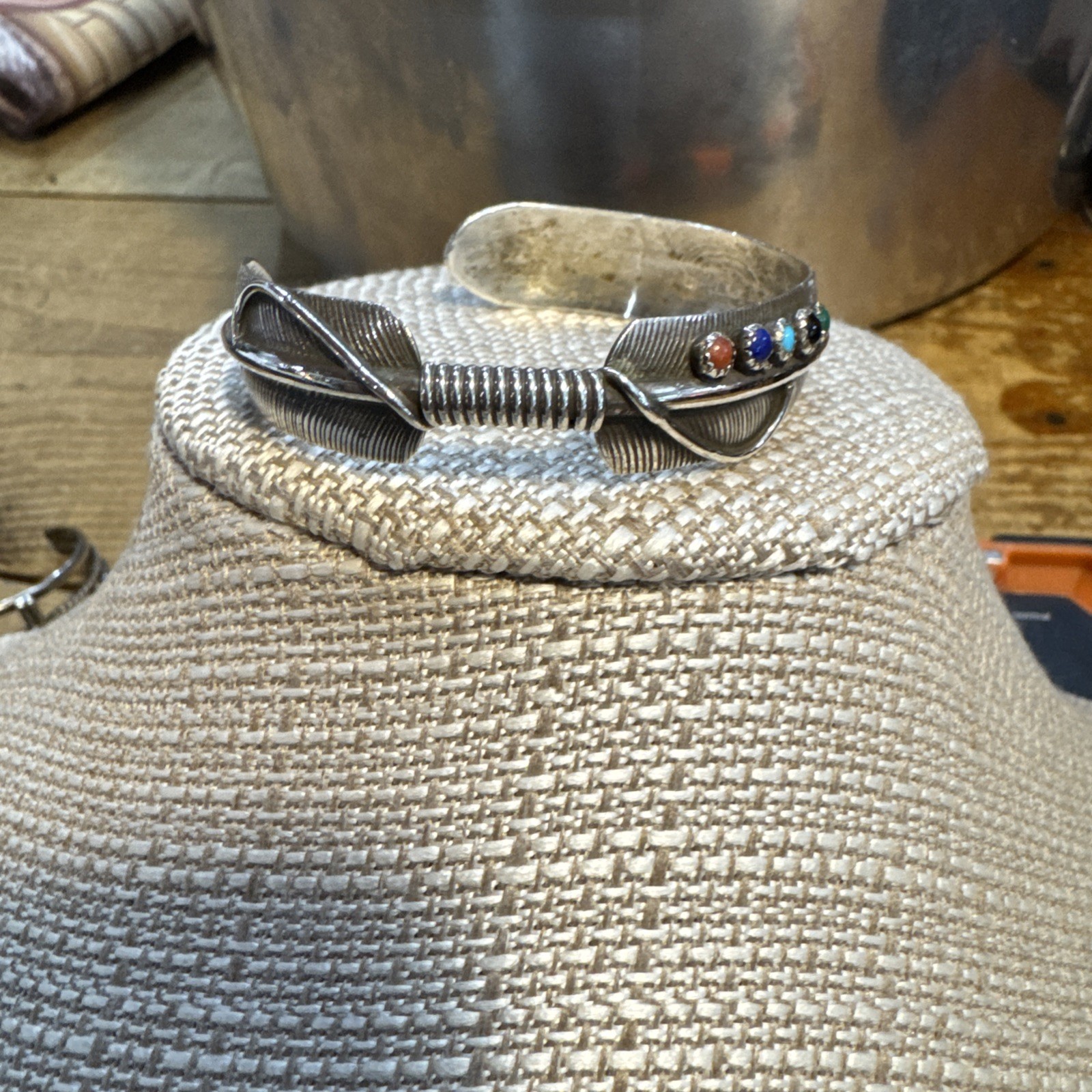 Chris Charley Navajo Native American Indian Sterling Double Feather Bracelet 15g