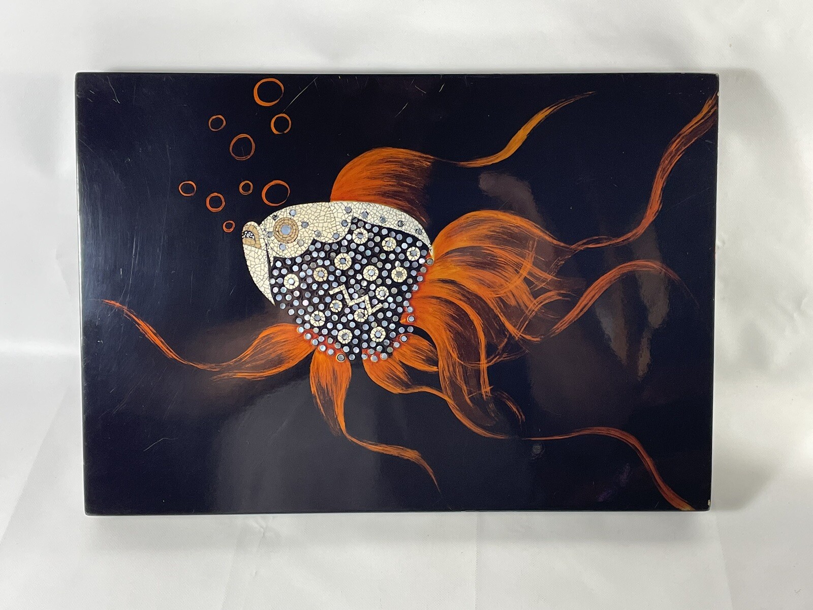 Vintage Black Lacquer Box Mother Of Pearl Inlay Piranha Fish By Oggetti Vietnam