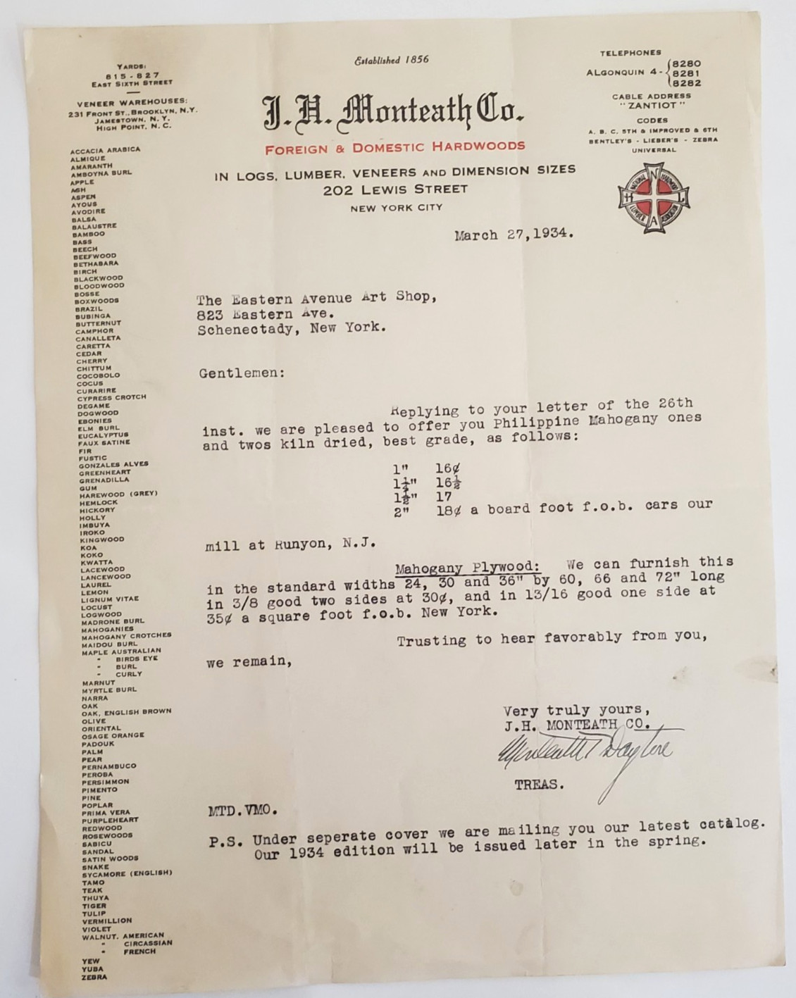 1934 Letter, J.H. Monteath Co, Hardwoods, 202 Lewis St., New York City