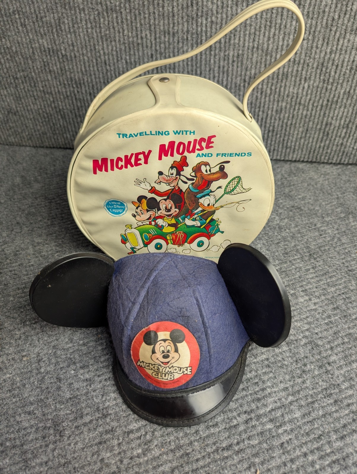 Vintage 63 Walt Disney Mickey Mouse Luggage Case & Original Mouseketeer Hat