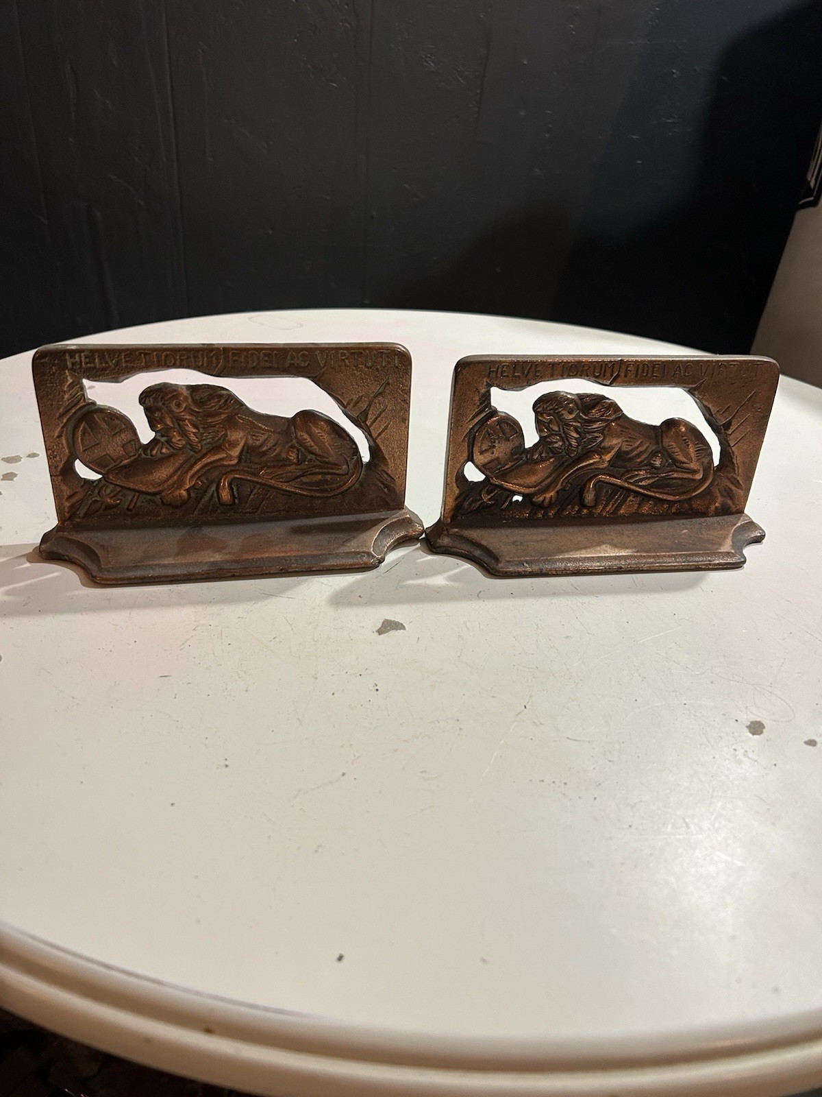 Vintage Lion Of Lucerne Monument Metal Bookends