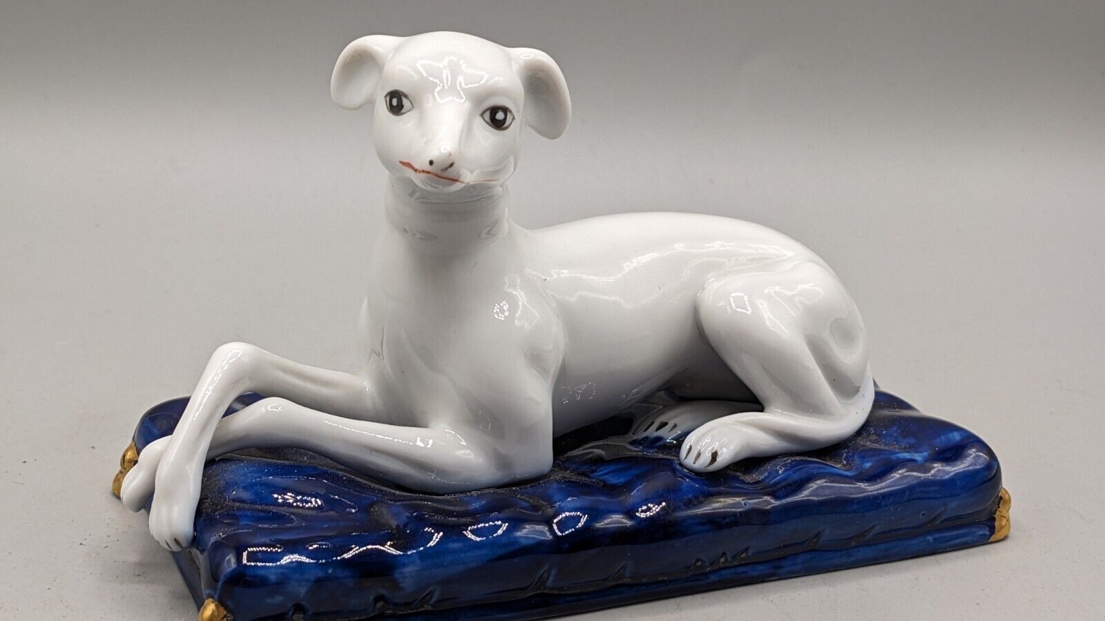 Antique 19 Century Whippet Greyhound Dog Staffordshir Porcelain On Blue Cushions