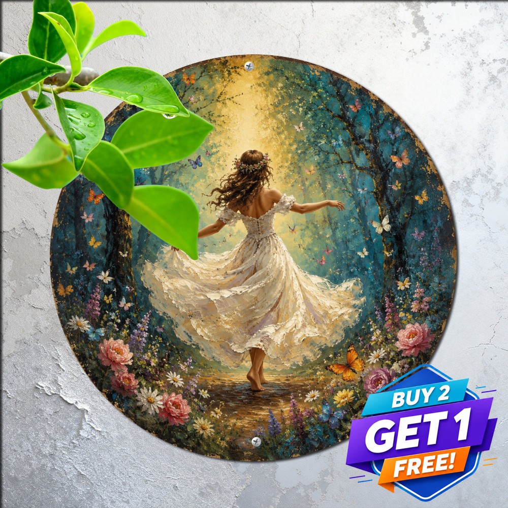 Enchanted Mythical Forest Magical Flowers Fantasy Round Metal Tin Sign Plaque