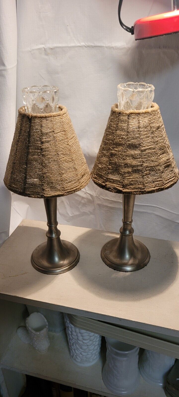 Vintage Gatco Solid Brass Candlestick Holders Pair W/Beaded Shades & Votives
