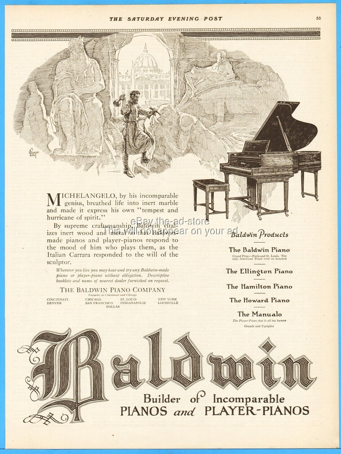 1921 Baldwin Piano Co Cincinnati Ohio Chicago IL Michelangelo Carrara Marble Ad