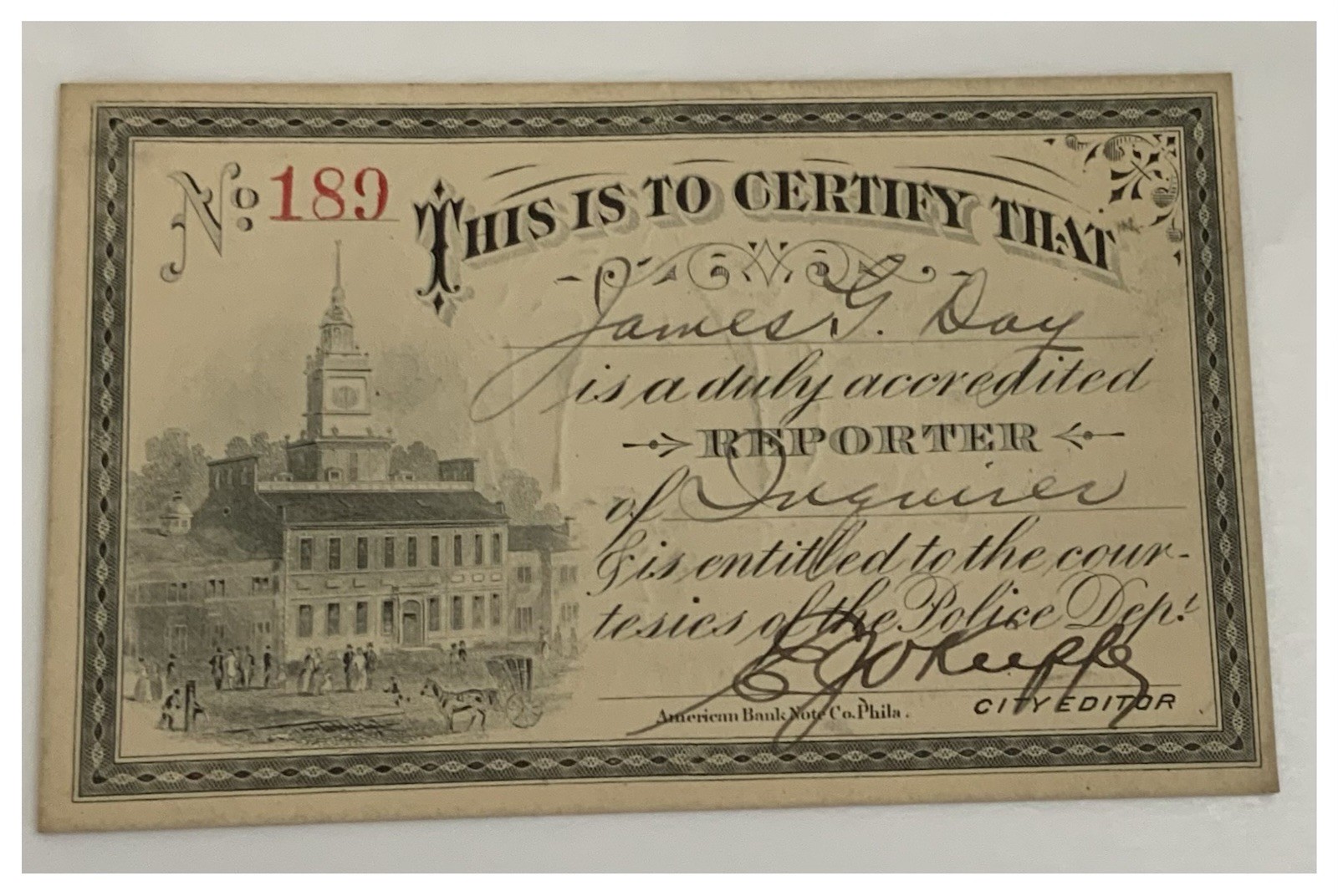 Antique 1924 Reporter Press Pass-Philadelphia Inquirer/Police Dept #189 - 4x2½”